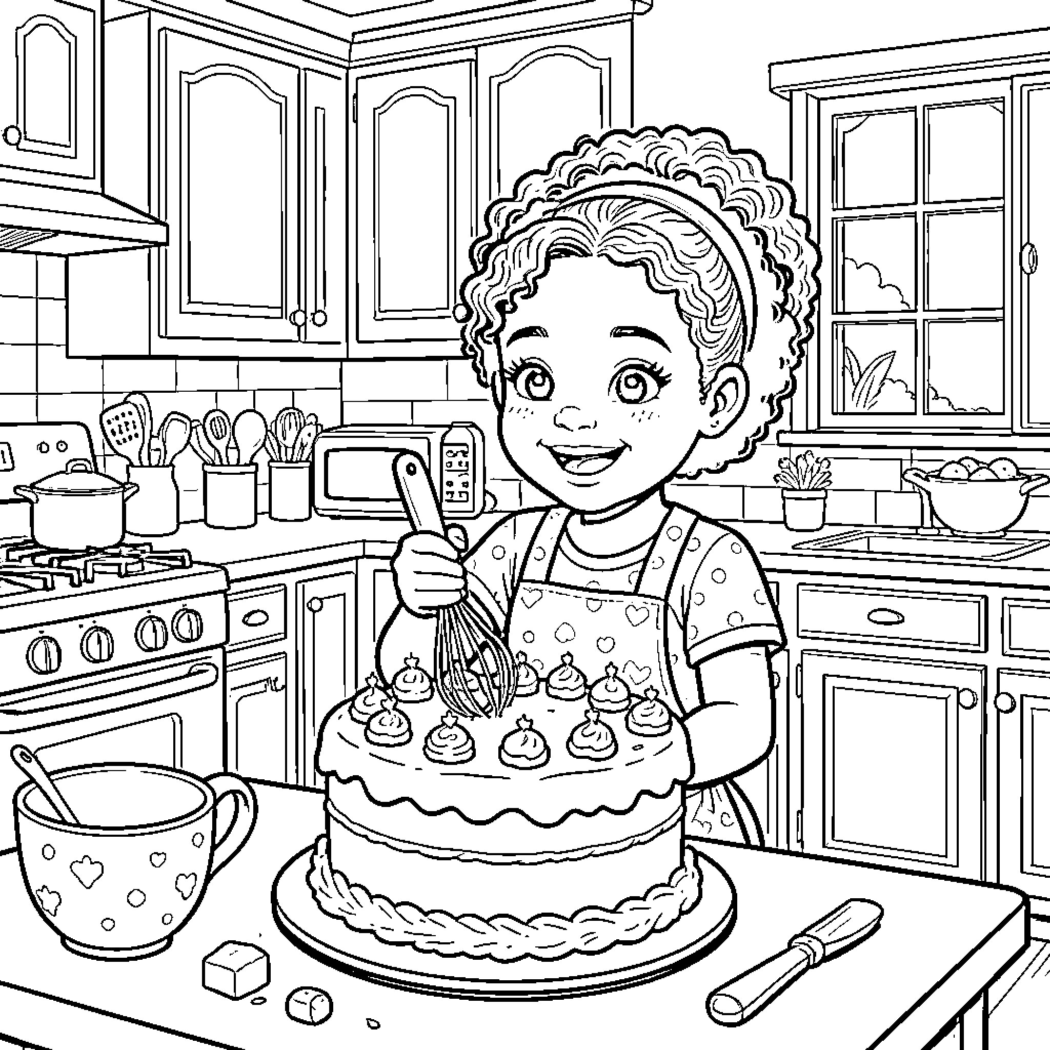 Fille happily decorating a large cake in the kitchen Coloring Page (free black-and-white line drawing printable PDF for all, from beginners to advanced learners, including children, teens, adults, and seniors)