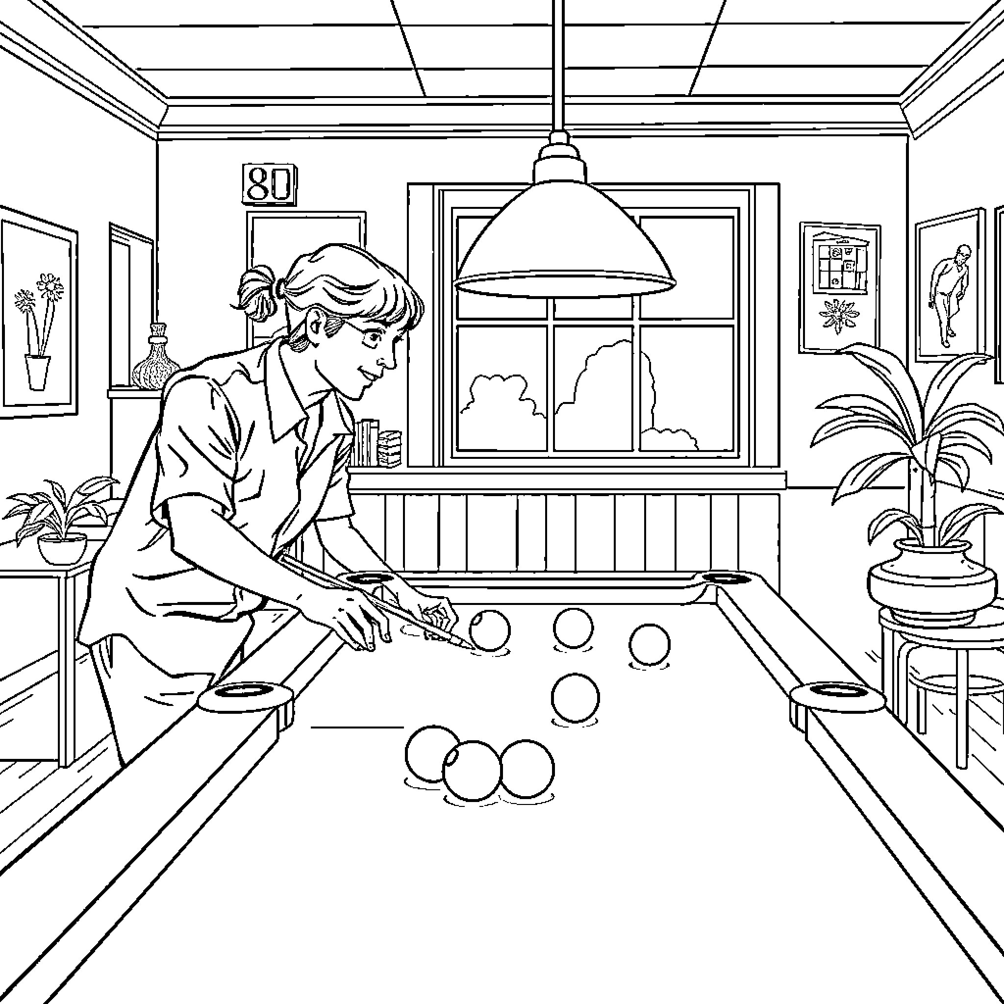Teacher Instructing Students in Billiards Lesson Coloring Page (free black-and-white line drawing printable PDF for all, from beginners to advanced learners, including children, teens, adults, and seniors)