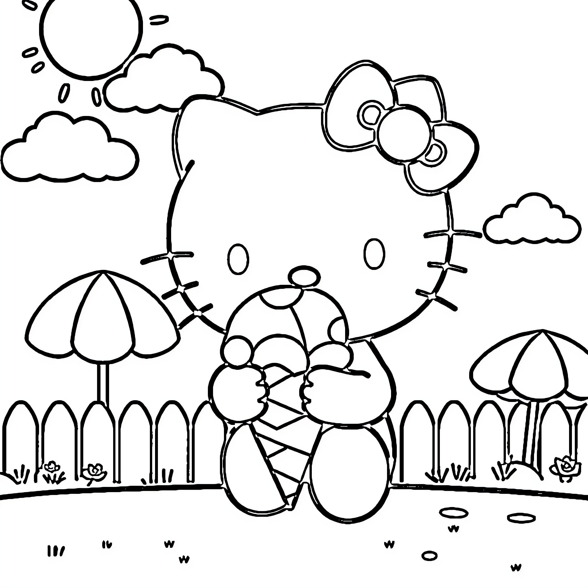 Hello Kitty enjoying a sunny day outdoors Coloring Page (free black-and-white line drawing printable PDF for all, from beginners to advanced learners, including children, teens, adults, and seniors)