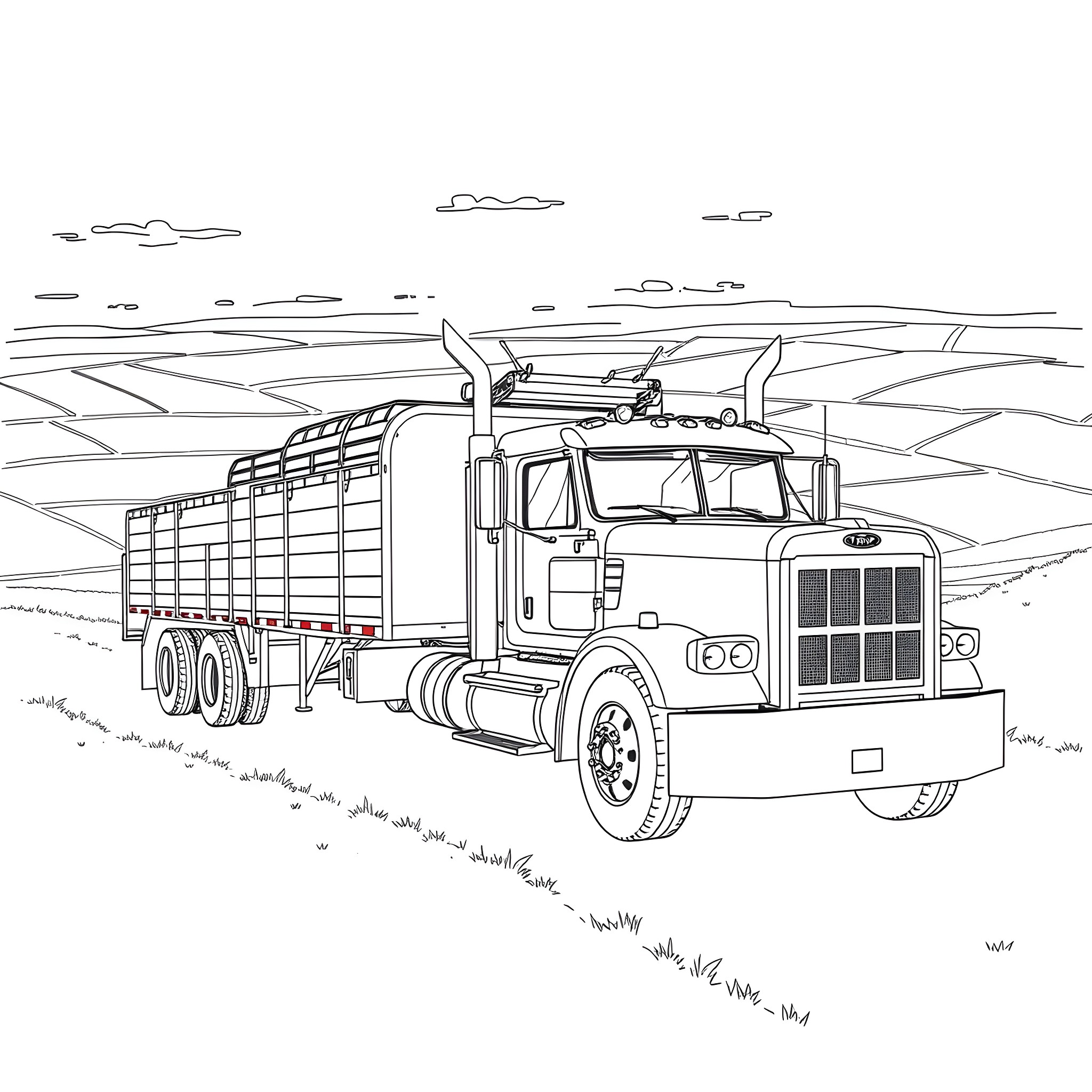 Gooseneck Trailer transporting goods through rural landscape Coloring Page (free black-and-white line drawing printable PDF for all, from beginners to advanced learners, including children, teens, adults, and seniors)