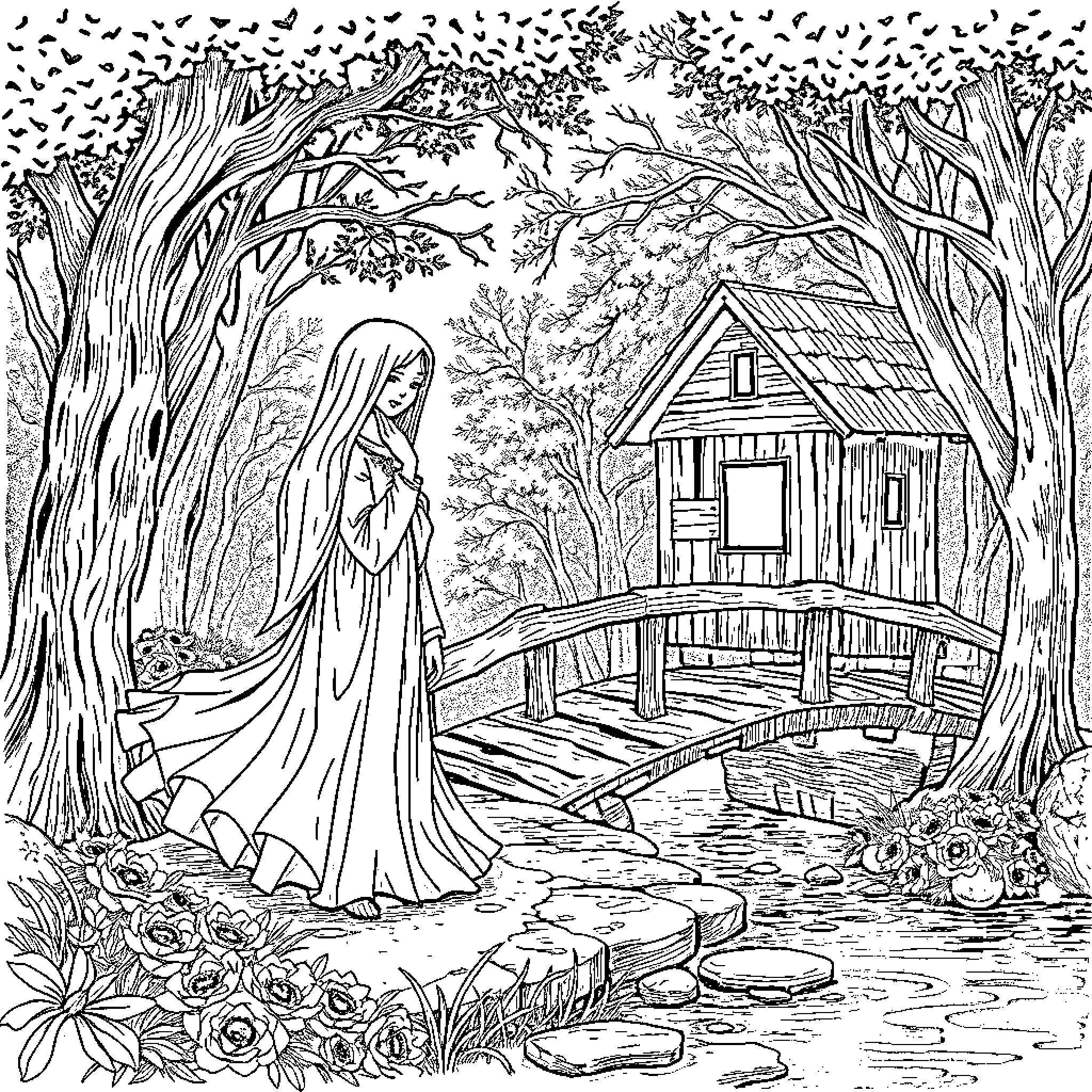 La Llorona's Haunting Presence in the Enchanted Forest Coloring Page (free black-and-white line drawing printable PDF for all, from beginners to advanced learners, including children, teens, adults, and seniors)