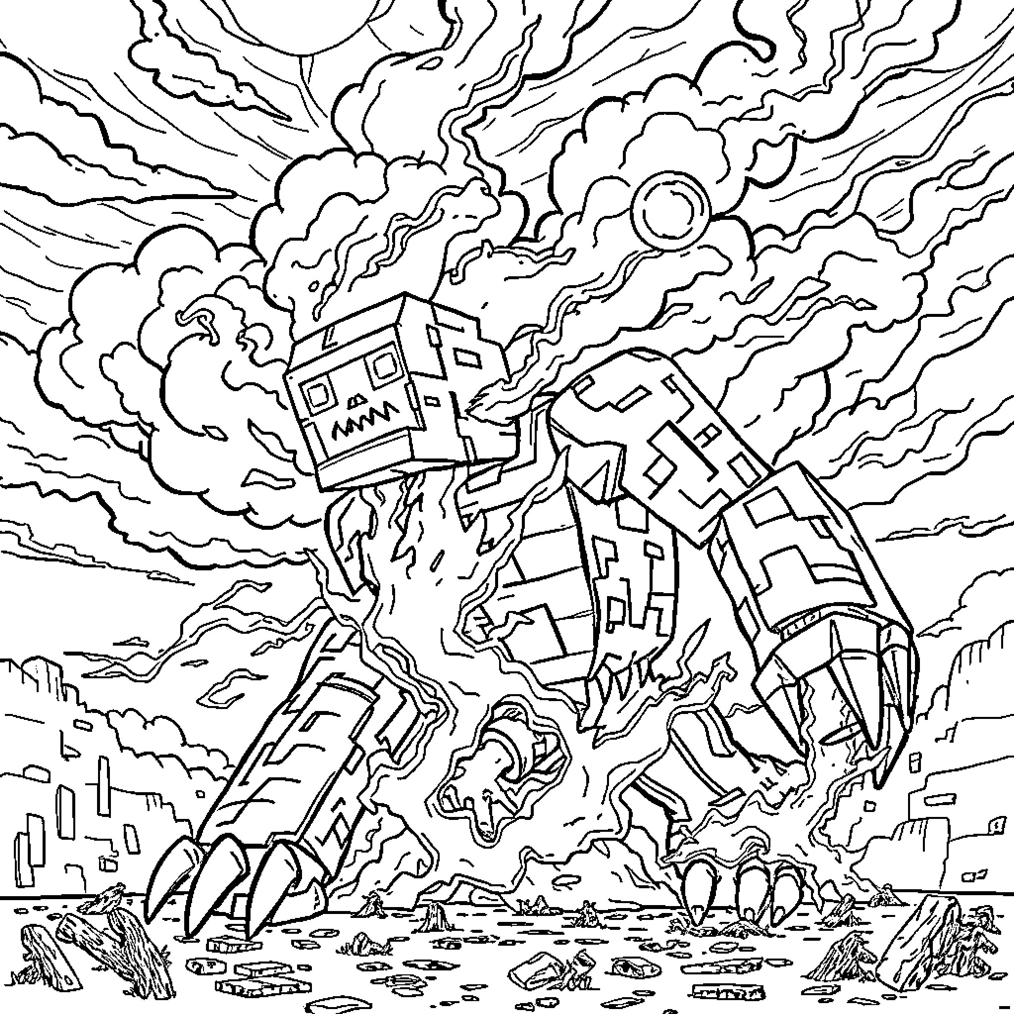 Witherstorm - Colossal Mechanical Creature Emerges Coloring Page (free black-and-white line drawing printable PDF for all, from beginners to advanced learners, including children, teens, adults, and seniors)