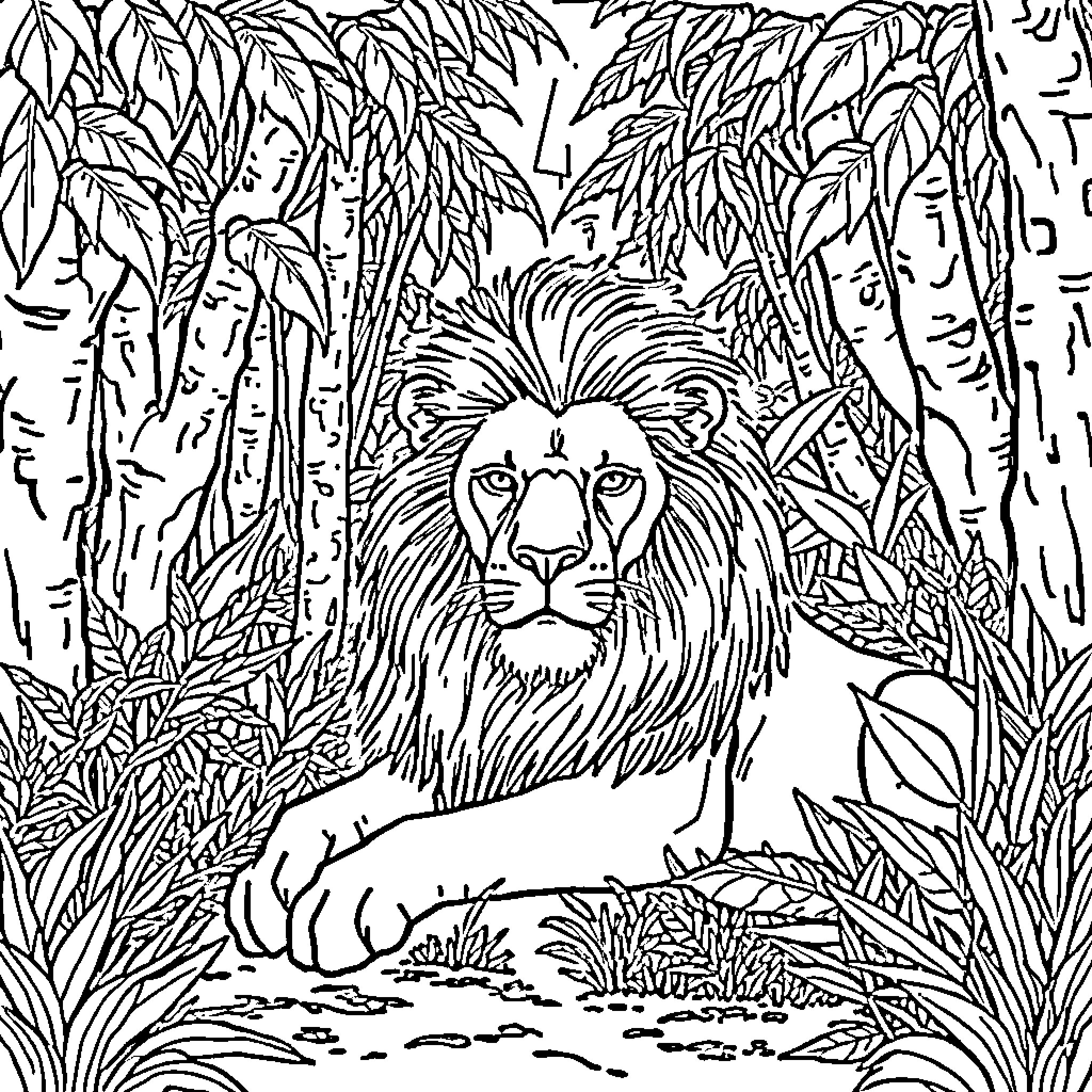 Lion resting in the lush, tropical jungle Coloring Page (free black-and-white line drawing printable PDF for all, from beginners to advanced learners, including children, teens, adults, and seniors)