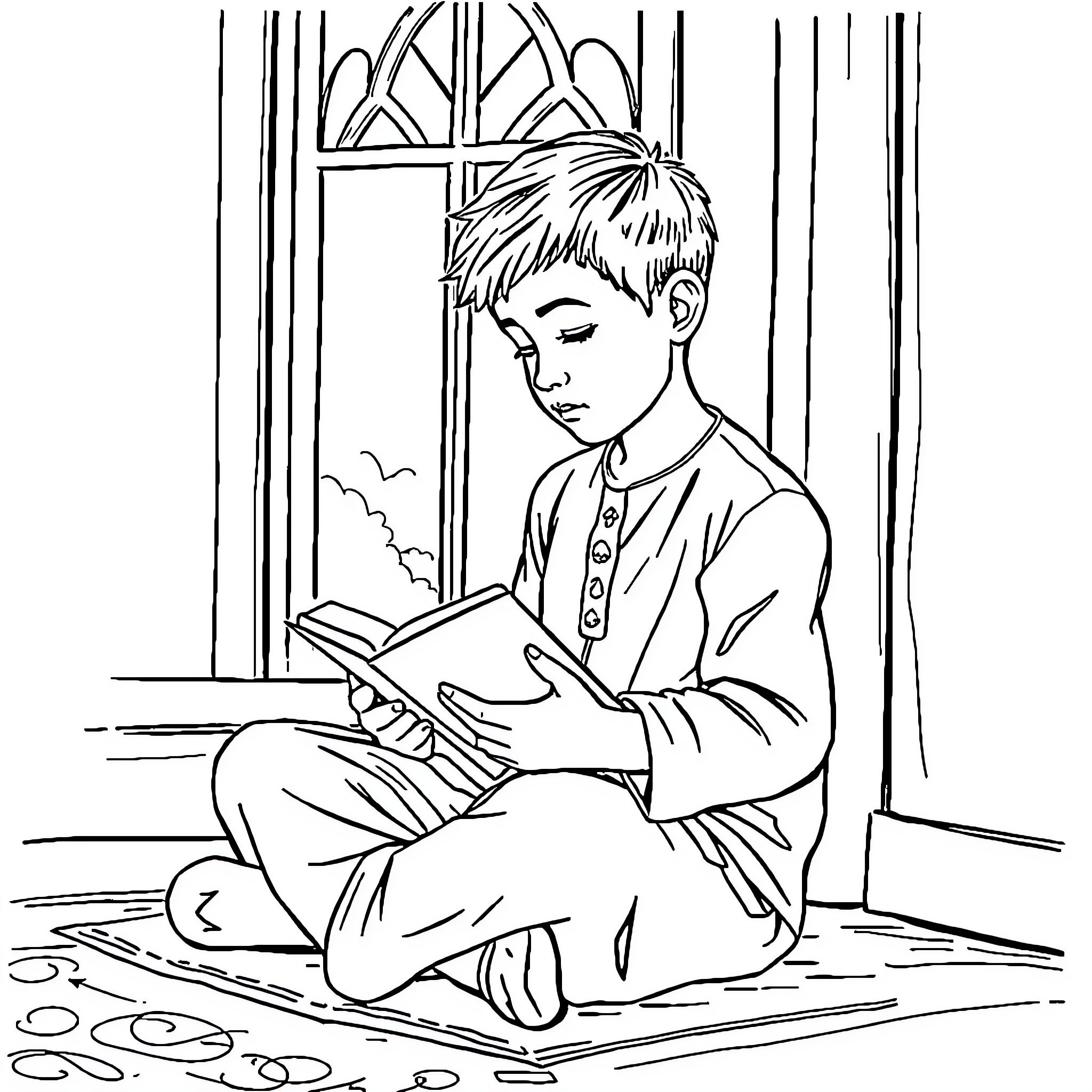 Boy reading a book by the window Coloring Page (free black-and-white line drawing printable PDF for all, from beginners to advanced learners, including children, teens, adults, and seniors)