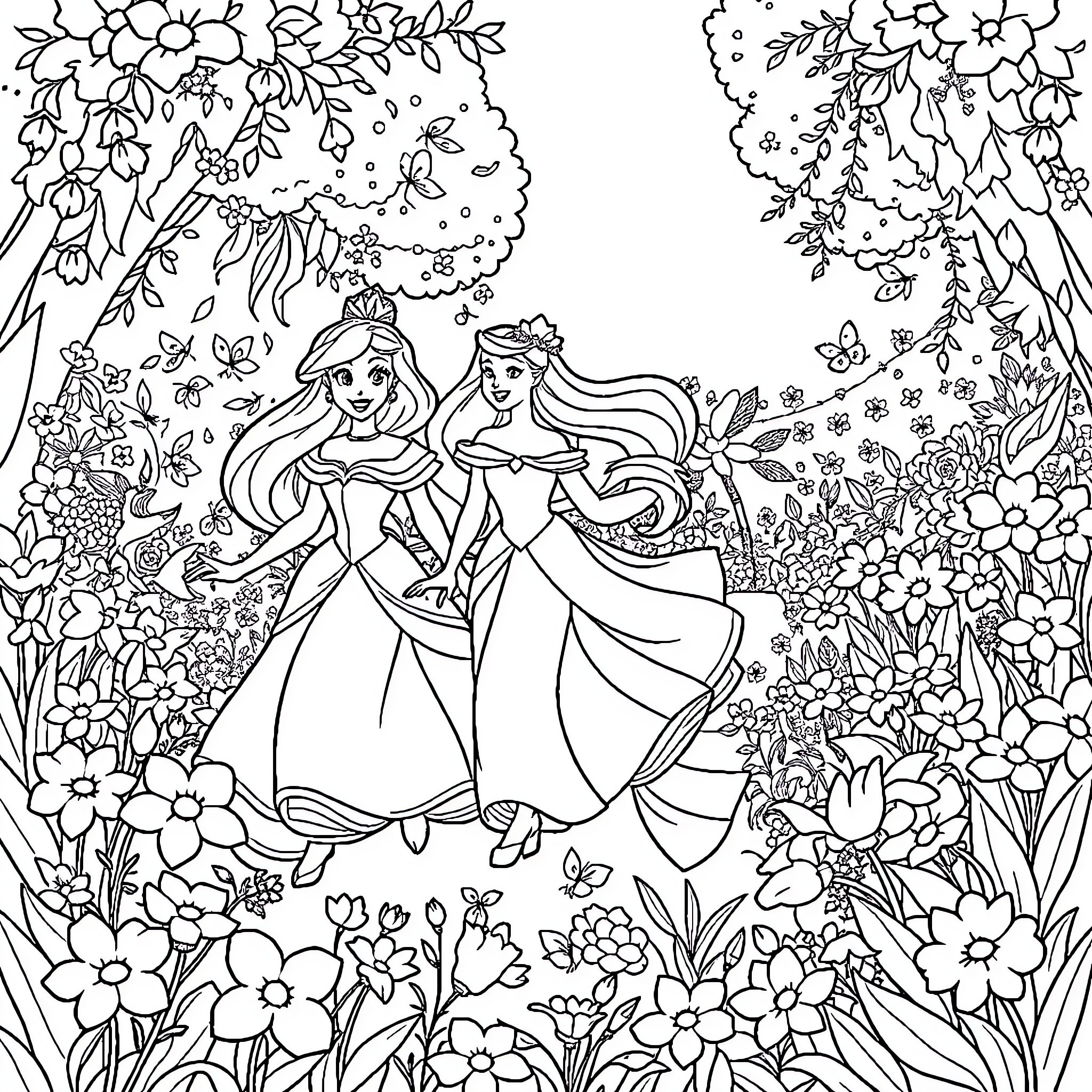 Princess Dancing in Enchanted Floral Garden Coloring Page (free black-and-white line drawing printable PDF for all, from beginners to advanced learners, including children, teens, adults, and seniors)