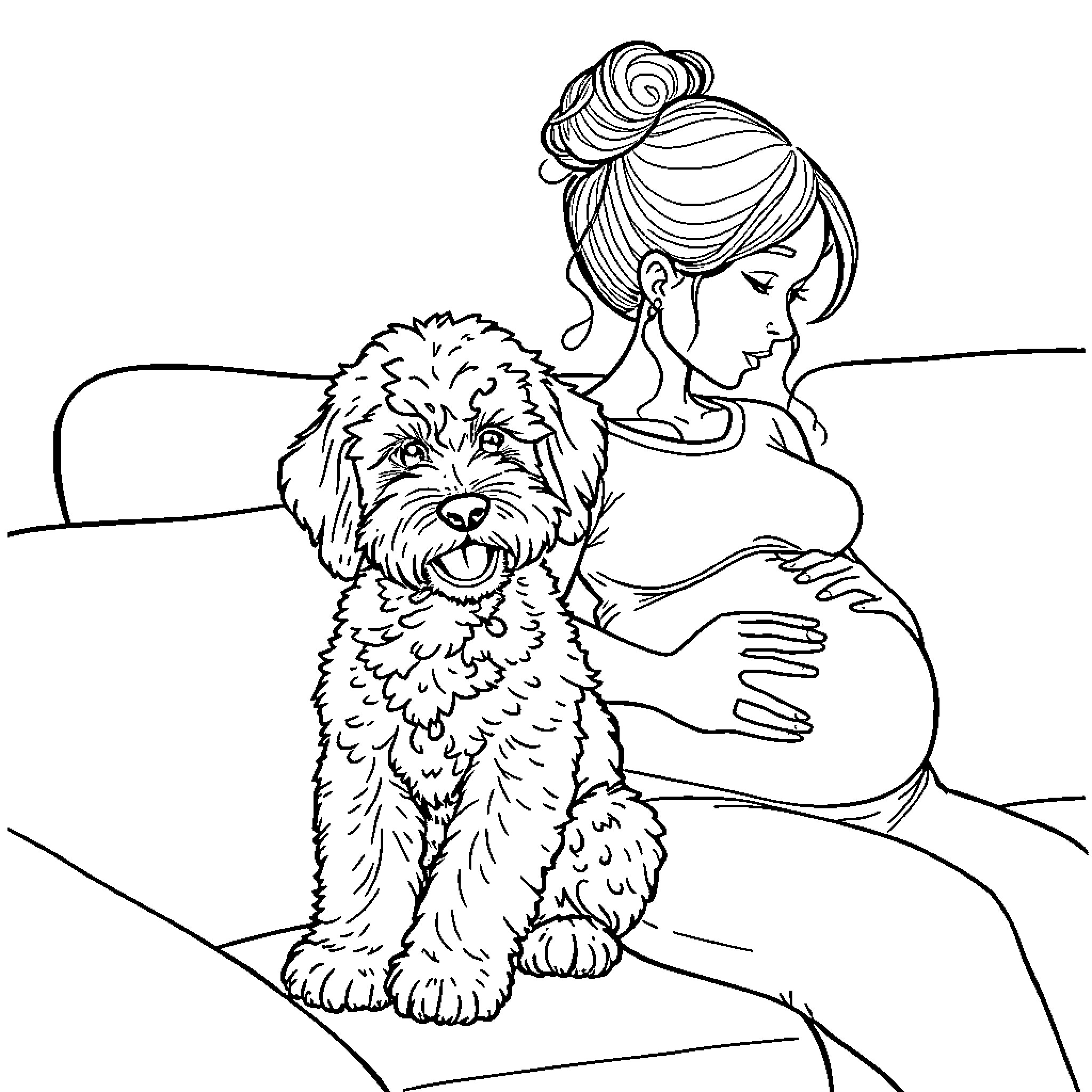 Labradoodle comforting pregnant woman Coloring Page (free black-and-white line drawing printable PDF for all, from beginners to advanced learners, including children, teens, adults, and seniors)