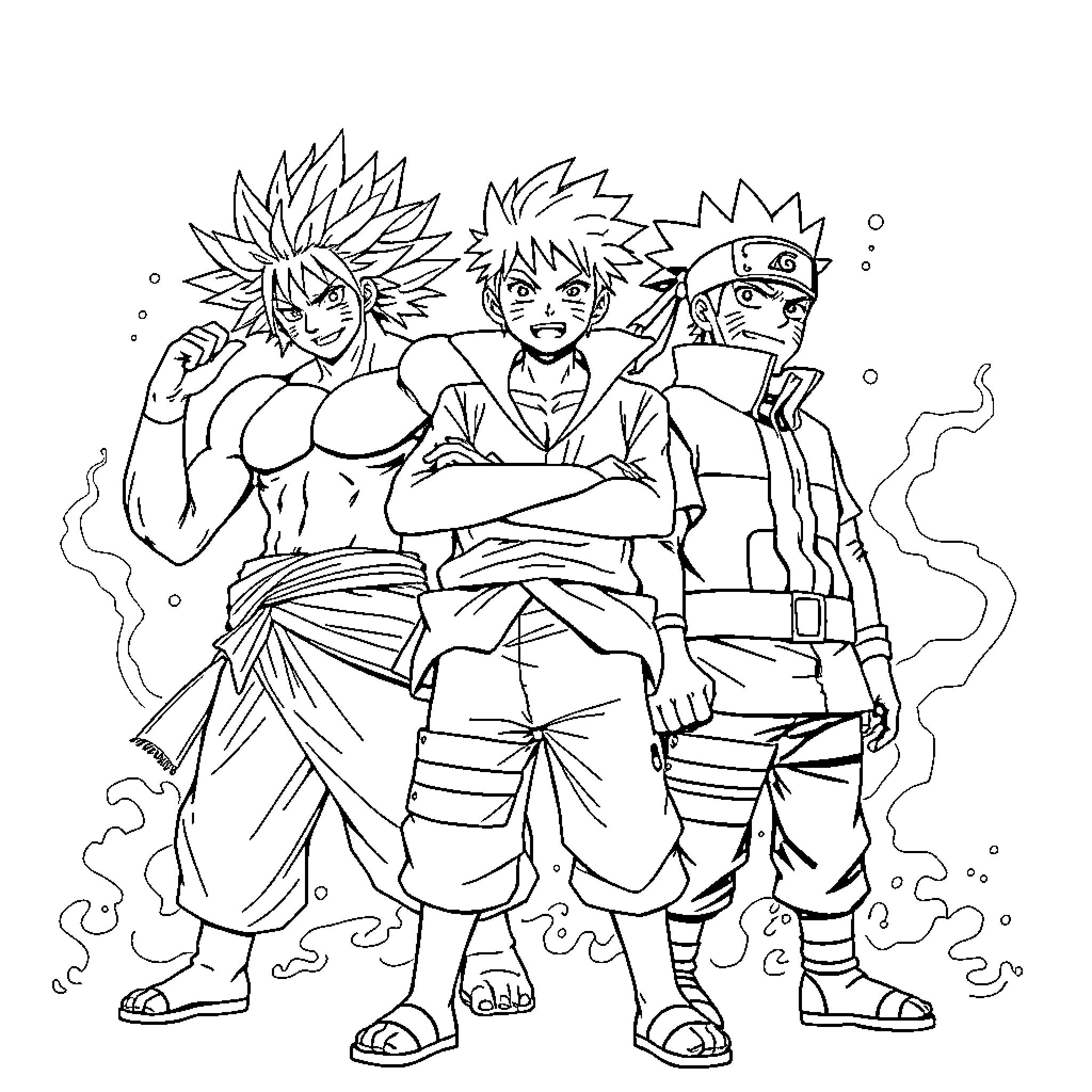 Sangoku Luffy Naruto posing heroically in battle gear Coloring Page (free black-and-white line drawing printable PDF for all, from beginners to advanced learners, including children, teens, adults, and seniors)