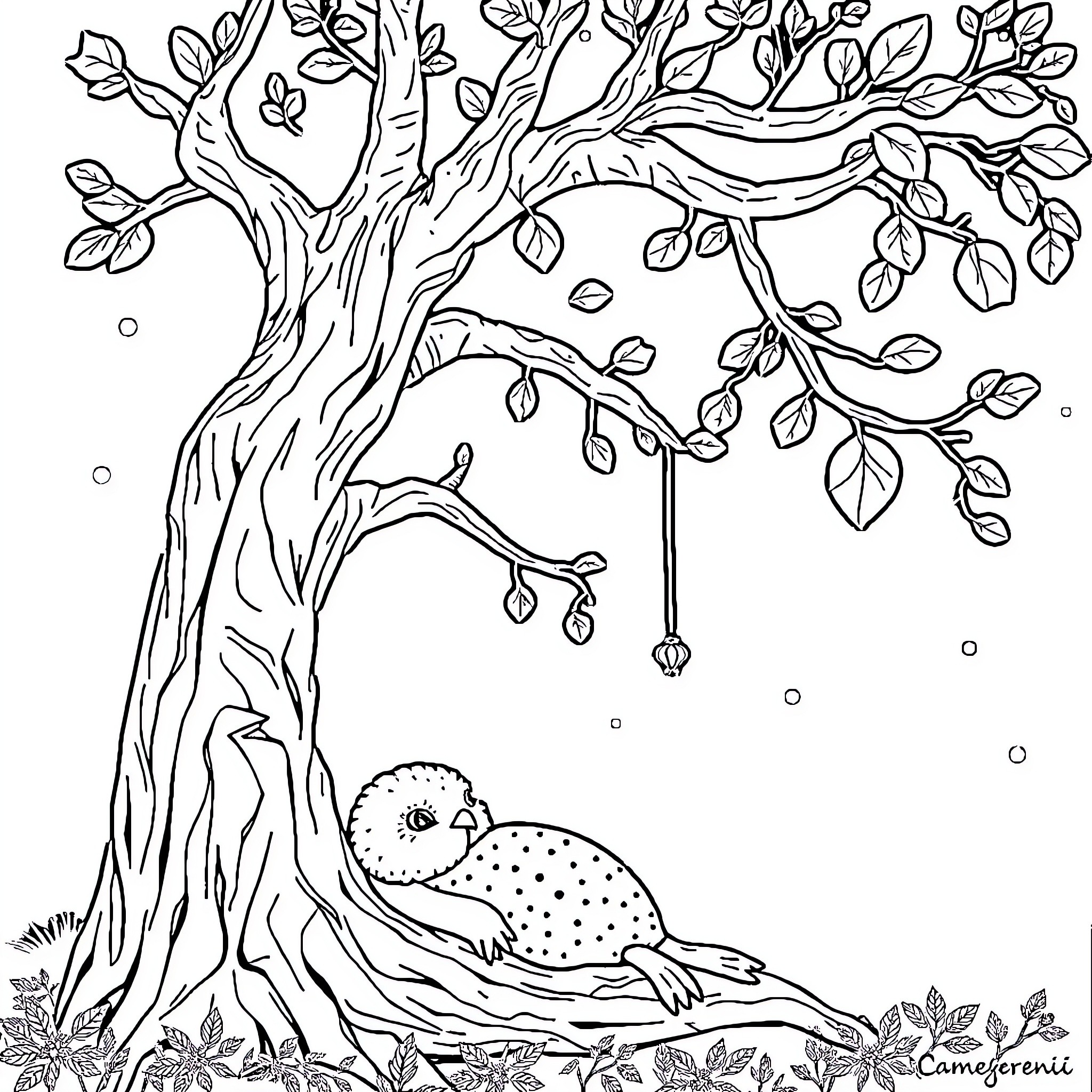 Noctali's Peaceful Slumber Under the Autumn Tree Coloring Page (free black-and-white line drawing printable PDF for all, from beginners to advanced learners, including children, teens, adults, and seniors)