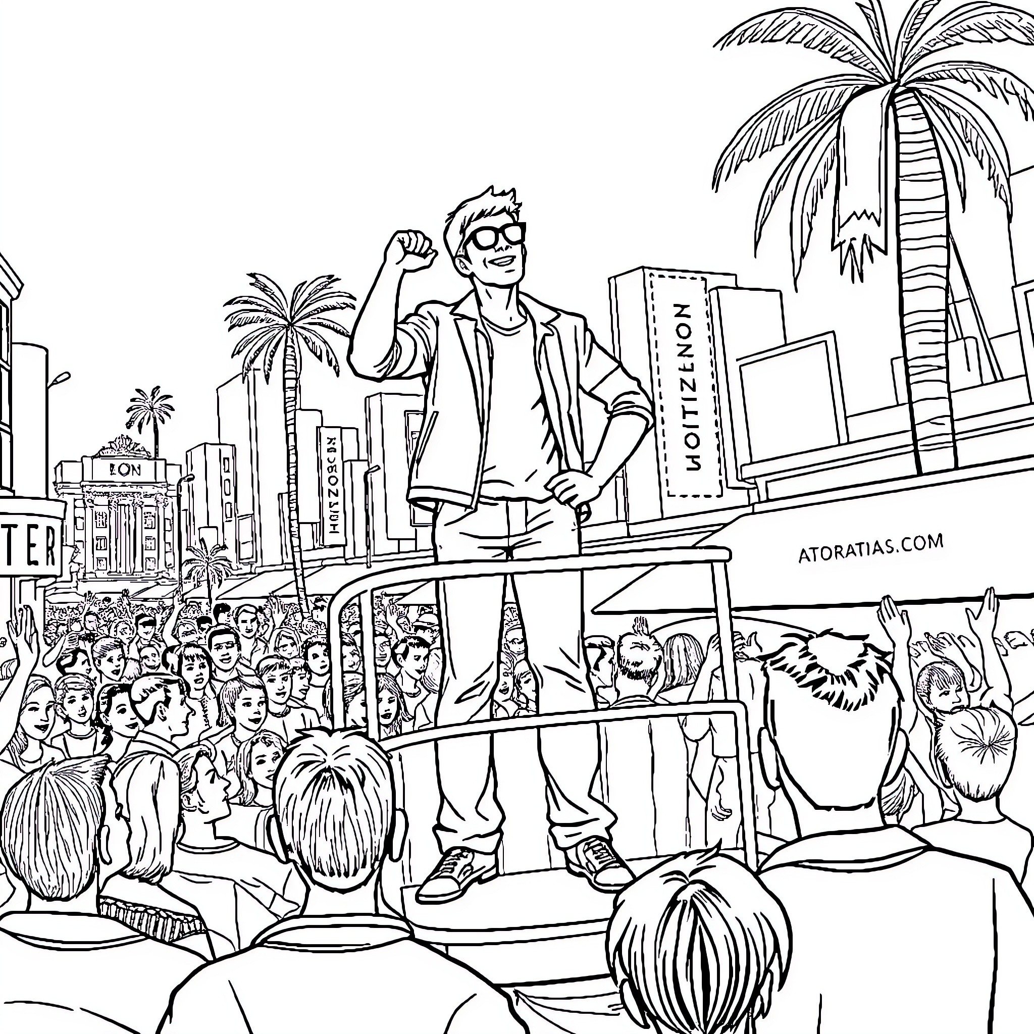 Ferris Bueller's Day Off in the City Coloring Page (free black-and-white line drawing printable PDF for all, from beginners to advanced learners, including children, teens, adults, and seniors)