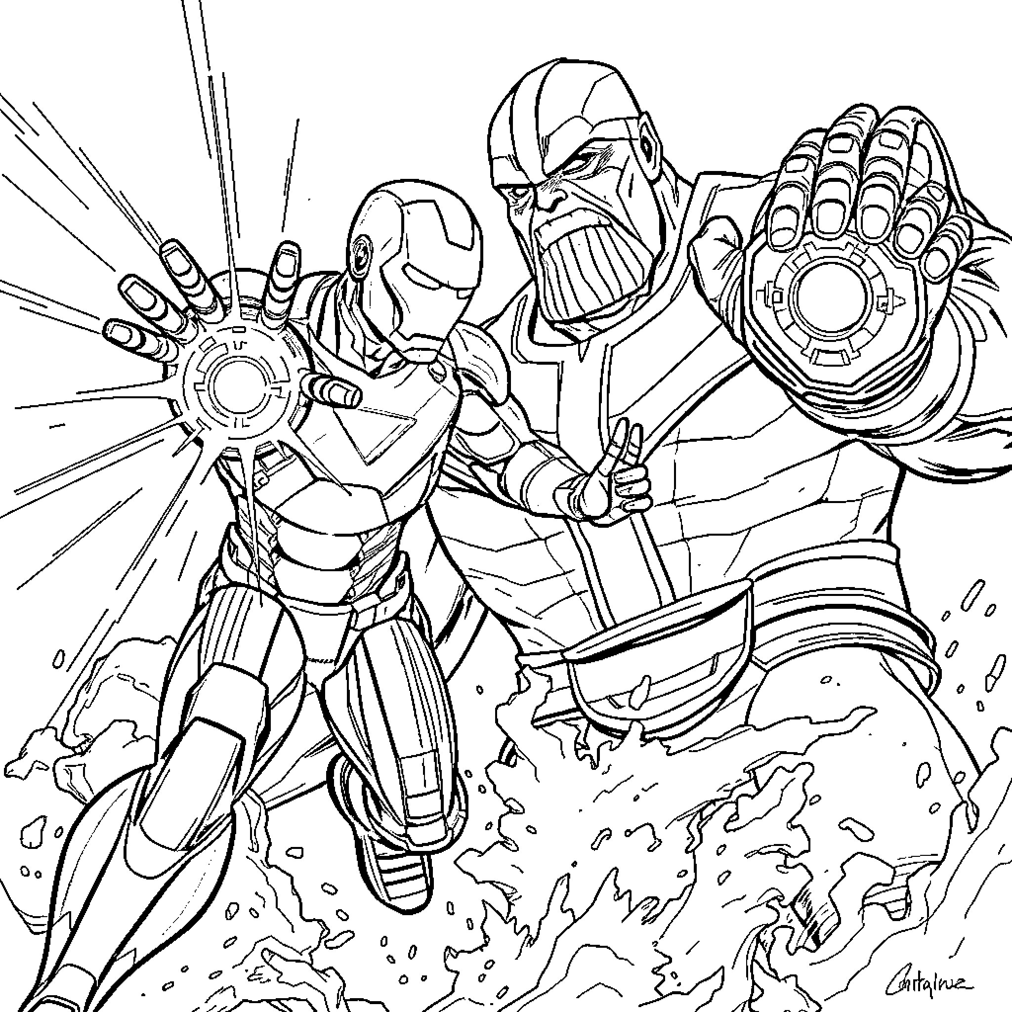 Ironman and Thanos in epic battle scene Coloring Page (free black-and-white line drawing printable PDF for all, from beginners to advanced learners, including children, teens, adults, and seniors)