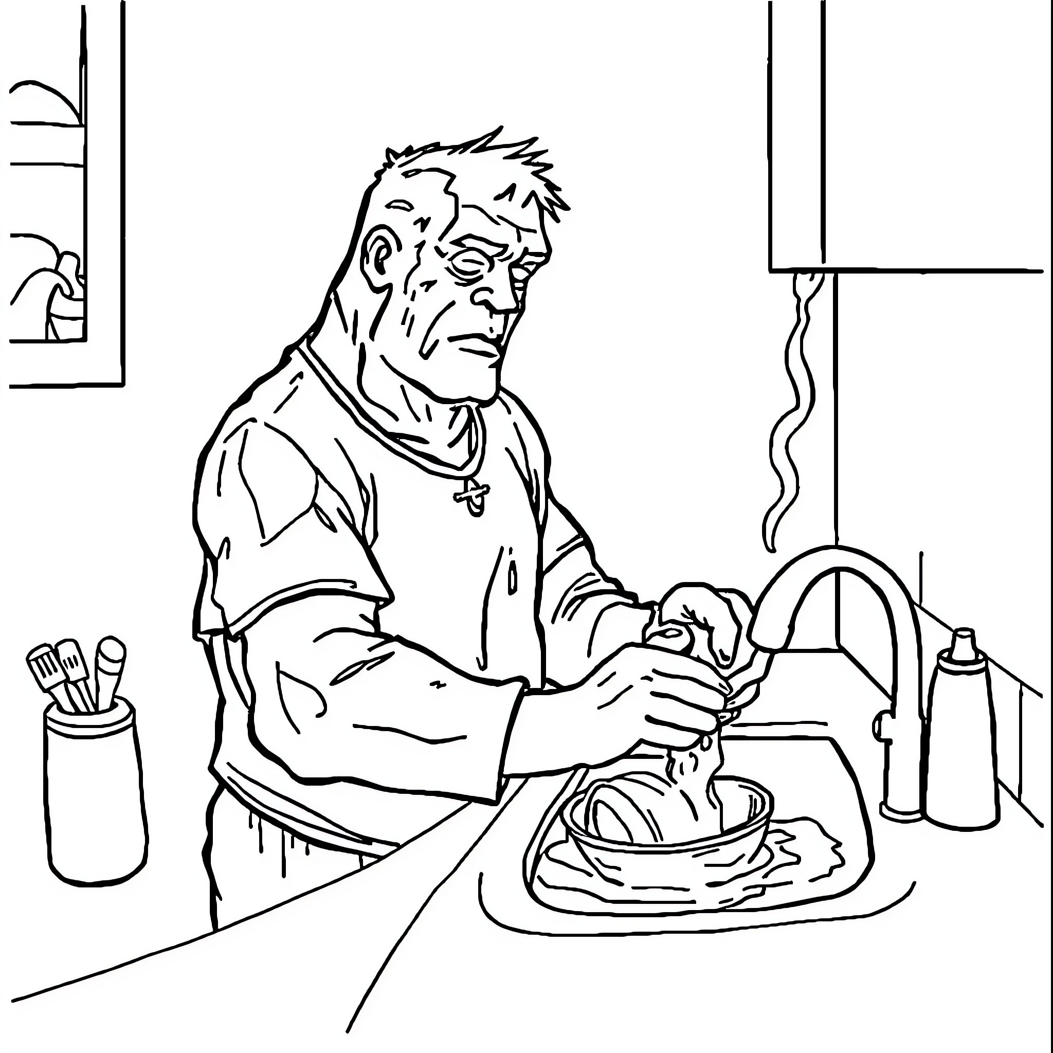 Rock cooking a meal in the kitchen Coloring Page (free black-and-white line drawing printable PDF for all, from beginners to advanced learners, including children, teens, adults, and seniors)