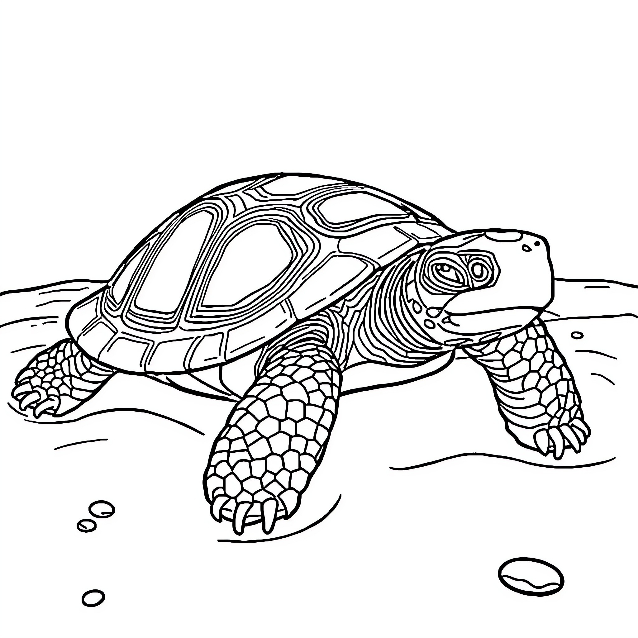 Turtle cautiously exploring the environment Coloring Page (free black-and-white line drawing printable PDF for all, from beginners to advanced learners, including children, teens, adults, and seniors)