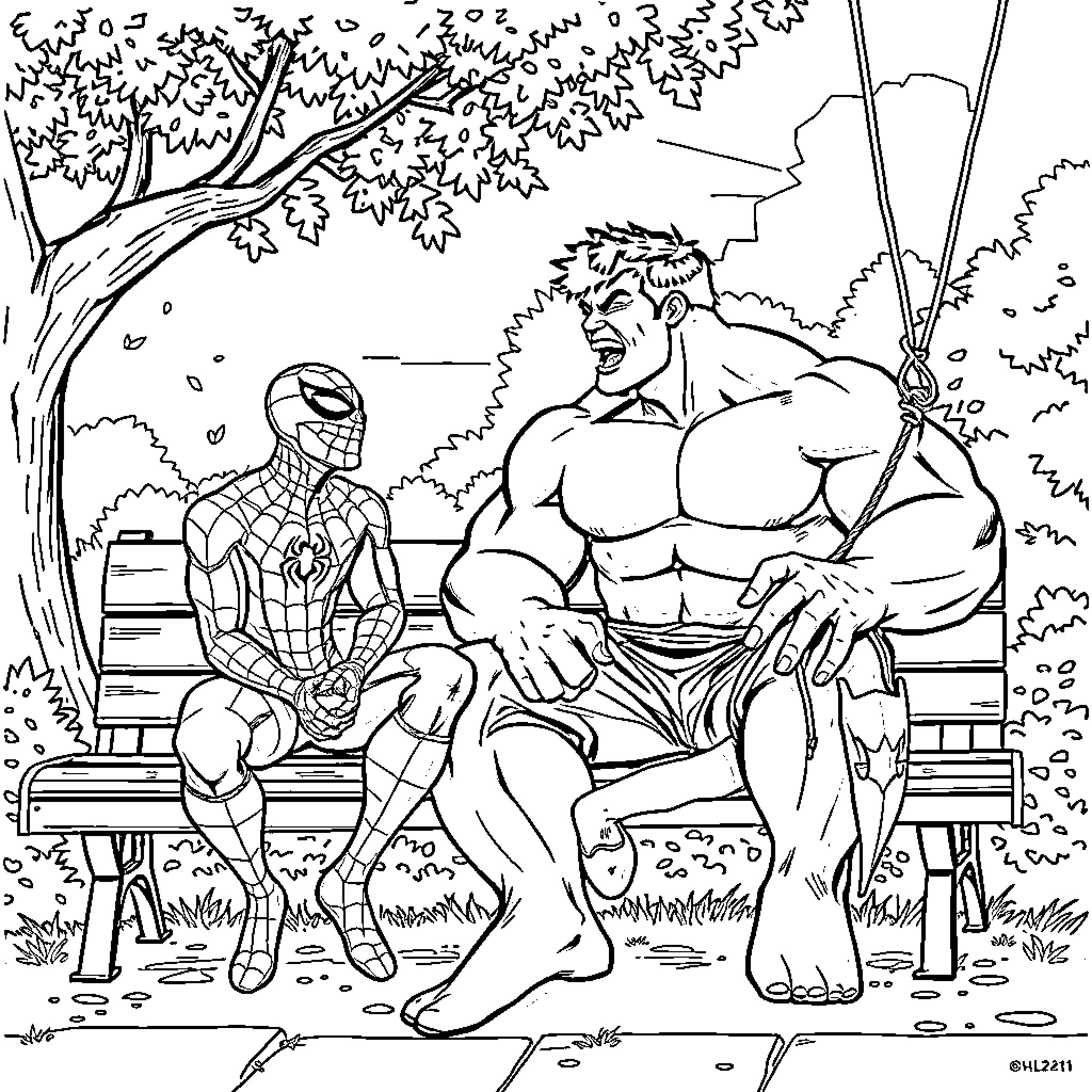 Hulk and Spider-Man relaxing in the park Coloring Page (free black-and-white line drawing printable PDF for all, from beginners to advanced learners, including children, teens, adults, and seniors)