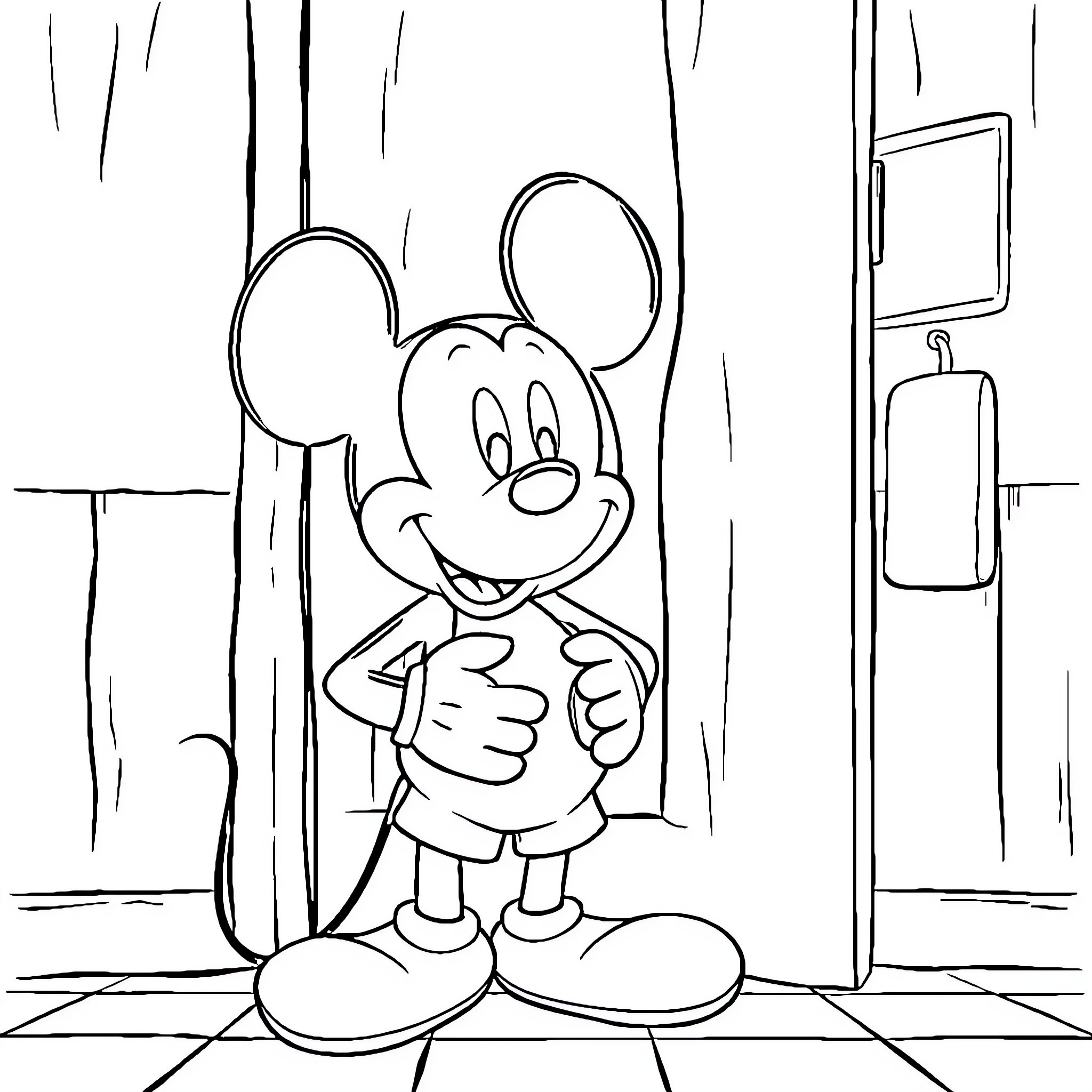 Mickey Mouse posing in front of a doorway Coloring Page (free black-and-white line drawing printable PDF for all, from beginners to advanced learners, including children, teens, adults, and seniors)