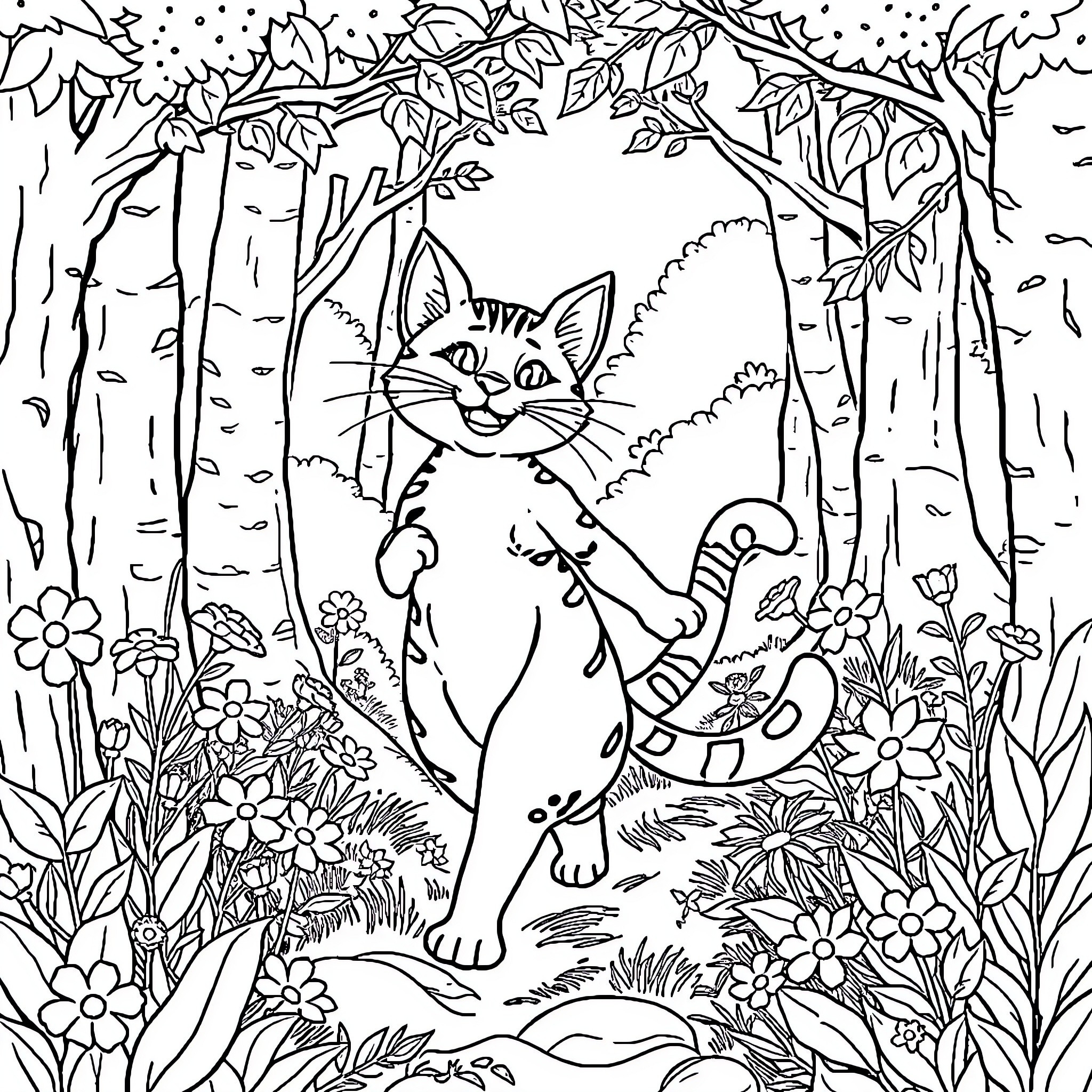 Femme feline in whimsical forest scene Coloring Page (free black-and-white line drawing printable PDF for all, from beginners to advanced learners, including children, teens, adults, and seniors)