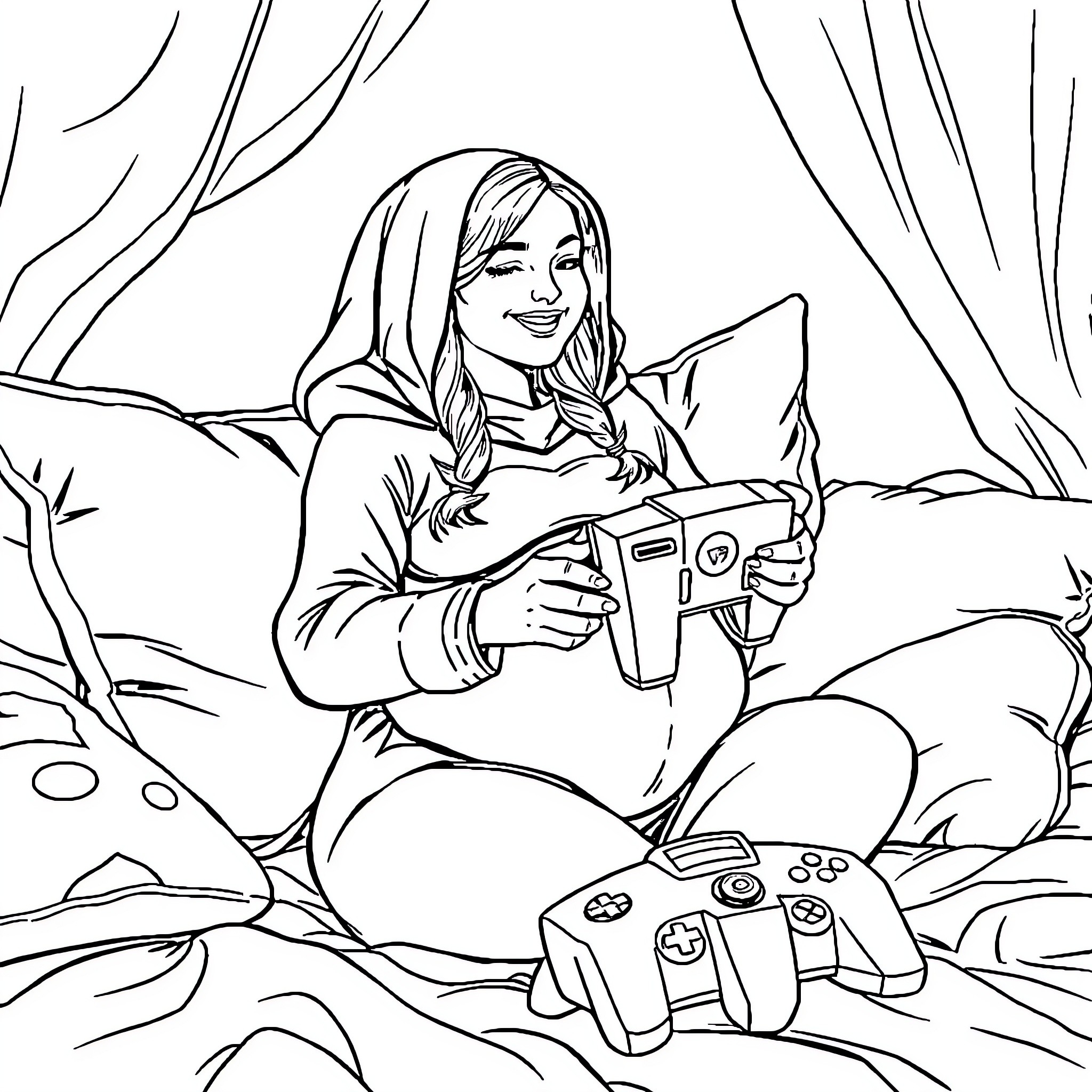 Woman enjoying a video game on the couch Coloring Page (free black-and-white line drawing printable PDF for all, from beginners to advanced learners, including children, teens, adults, and seniors)