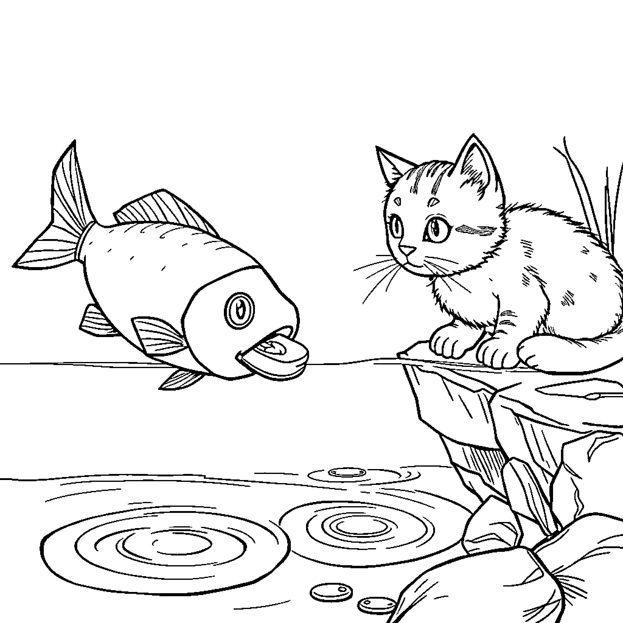 Fish and curious cat by the pond Coloring Page (free black-and-white line drawing printable PDF for all, from beginners to advanced learners, including children, teens, adults, and seniors)