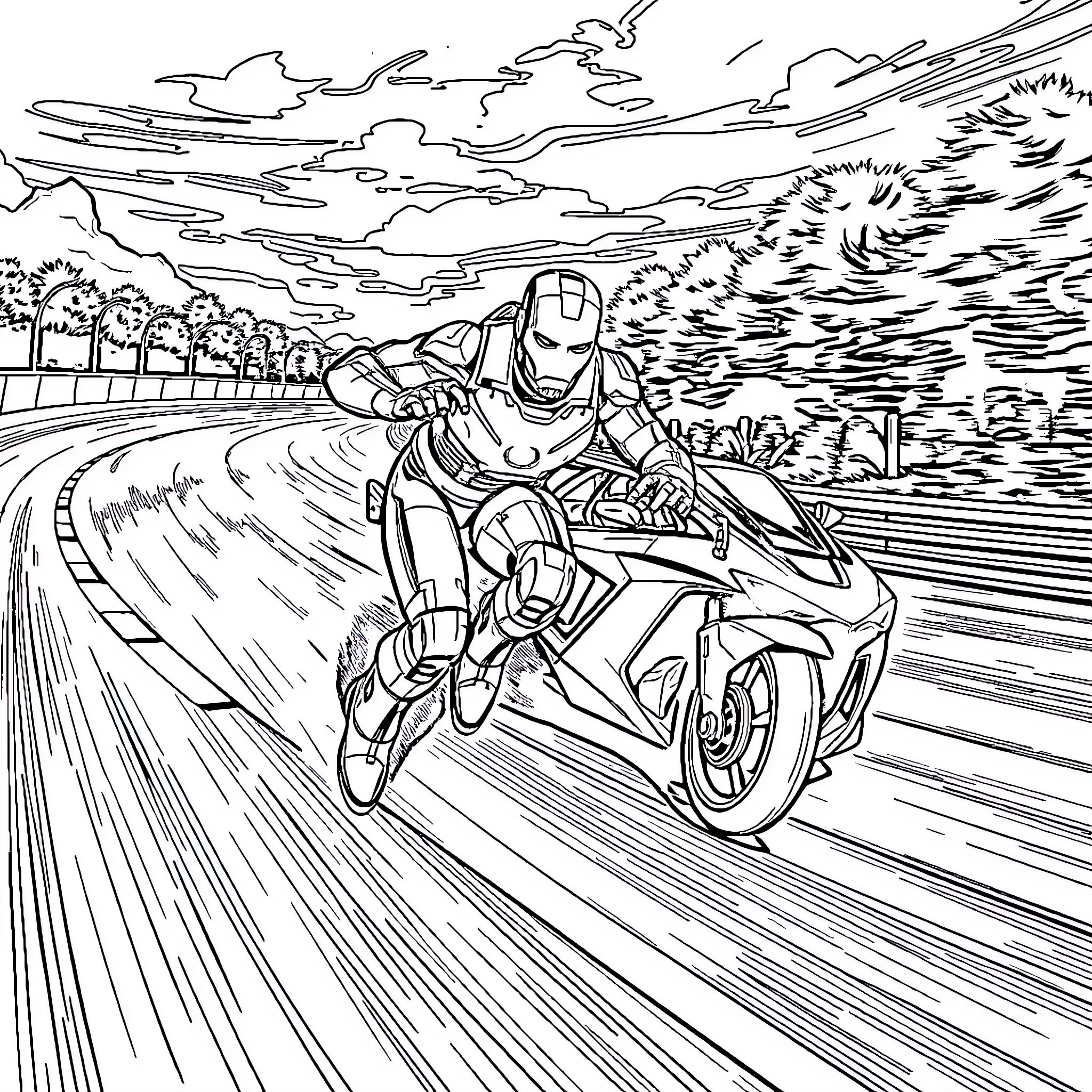 Ironman Riding a High-Speed Motorcycle on the Open Road Coloring Page (free black-and-white line drawing printable PDF for all, from beginners to advanced learners, including children, teens, adults, and seniors)