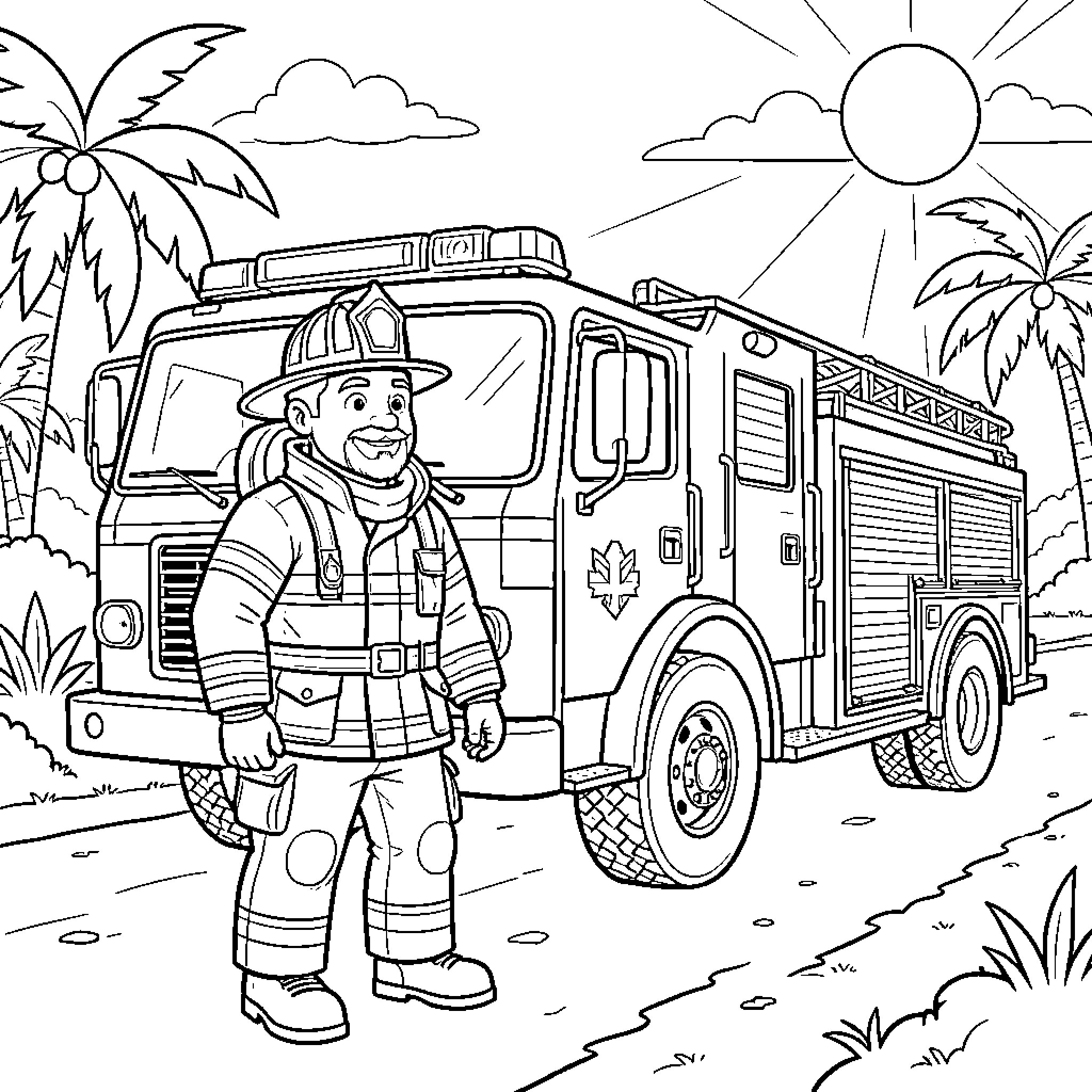 Firefighter responding to emergency in tropical setting Coloring Page (free black-and-white line drawing printable PDF for all, from beginners to advanced learners, including children, teens, adults, and seniors)