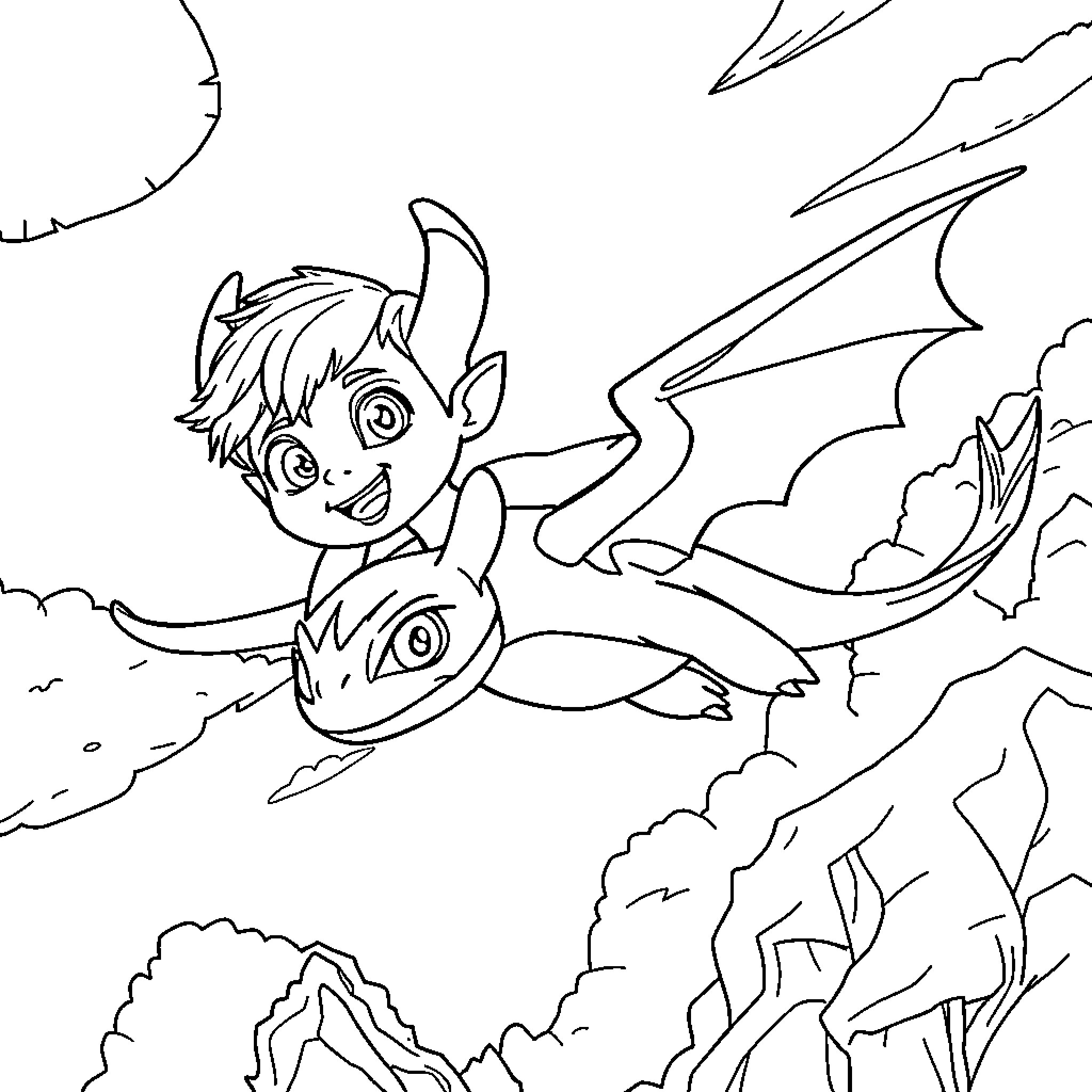Hiccup's Fantastical Flight through Dramatic Skies Coloring Page (free black-and-white line drawing printable PDF for all, from beginners to advanced learners, including children, teens, adults, and seniors)