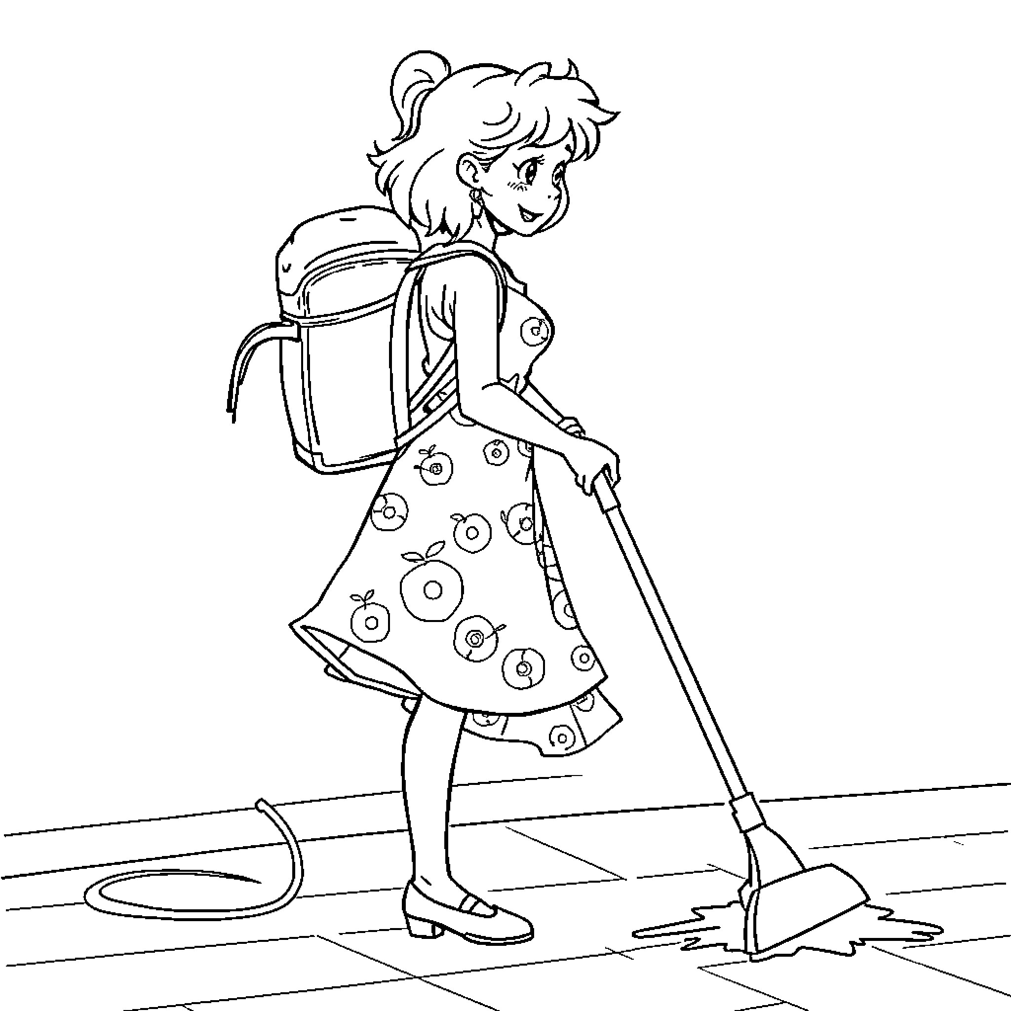 Blanche Neige cleaning the floor with a mop Coloring Page (free black-and-white line drawing printable PDF for all, from beginners to advanced learners, including children, teens, adults, and seniors)