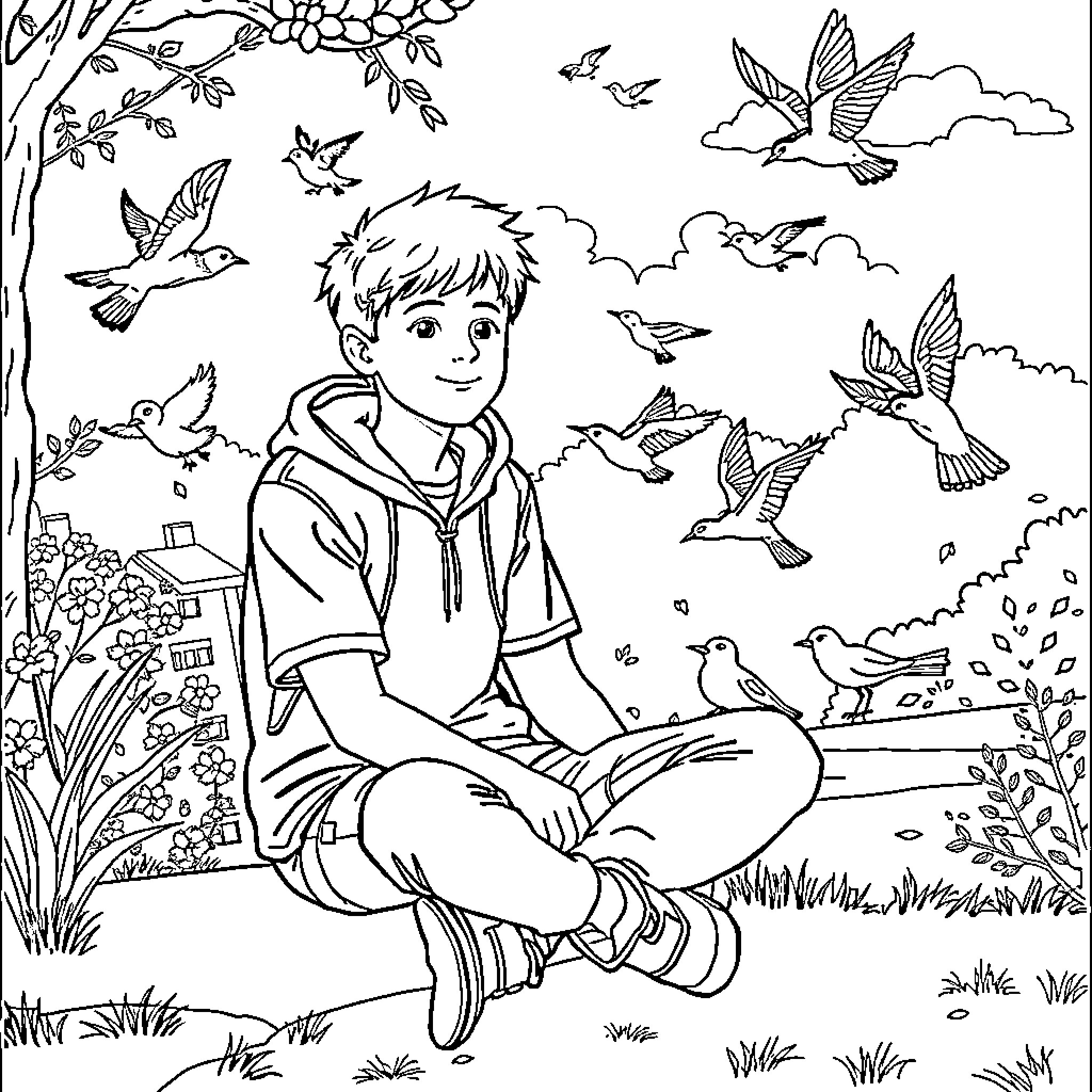 Student enjoying nature's beauty in the park Coloring Page (free black-and-white line drawing printable PDF for all, from beginners to advanced learners, including children, teens, adults, and seniors)