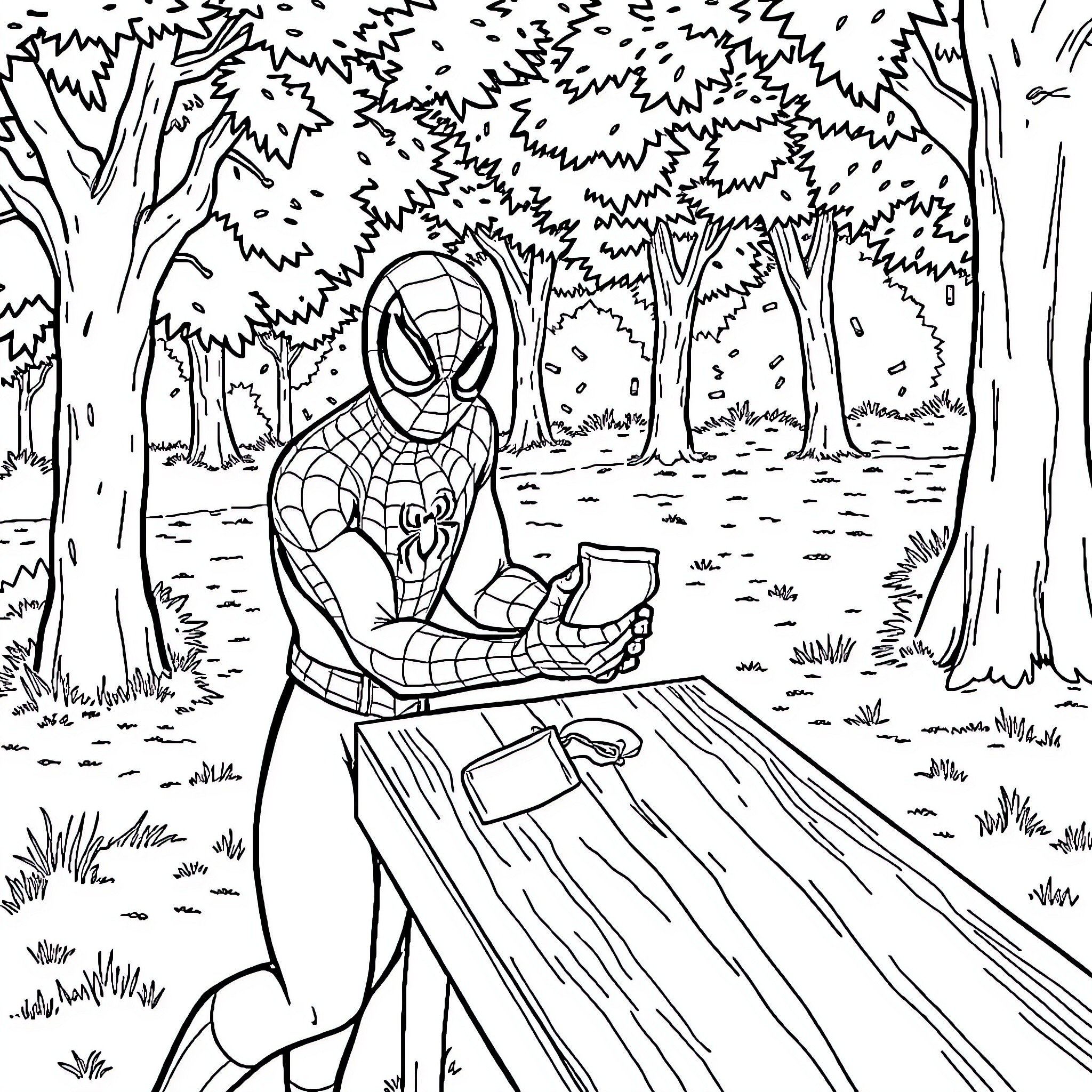 Spiderman enjoying a peaceful moment in the forest Coloring Page (free black-and-white line drawing printable PDF for all, from beginners to advanced learners, including children, teens, adults, and seniors)