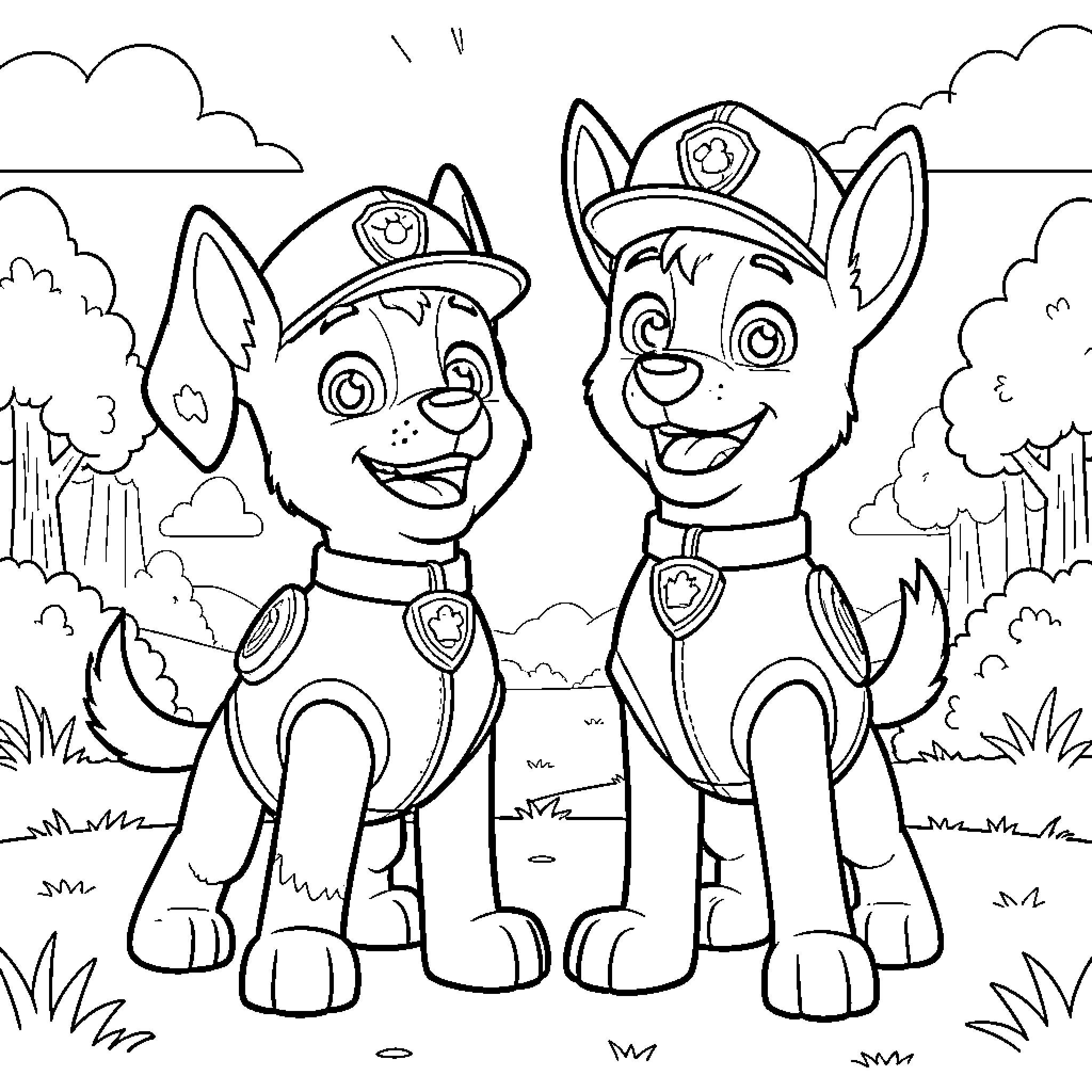 Chase the heroic pups on a mission Coloring Page (free black-and-white line drawing printable PDF for all, from beginners to advanced learners, including children, teens, adults, and seniors)