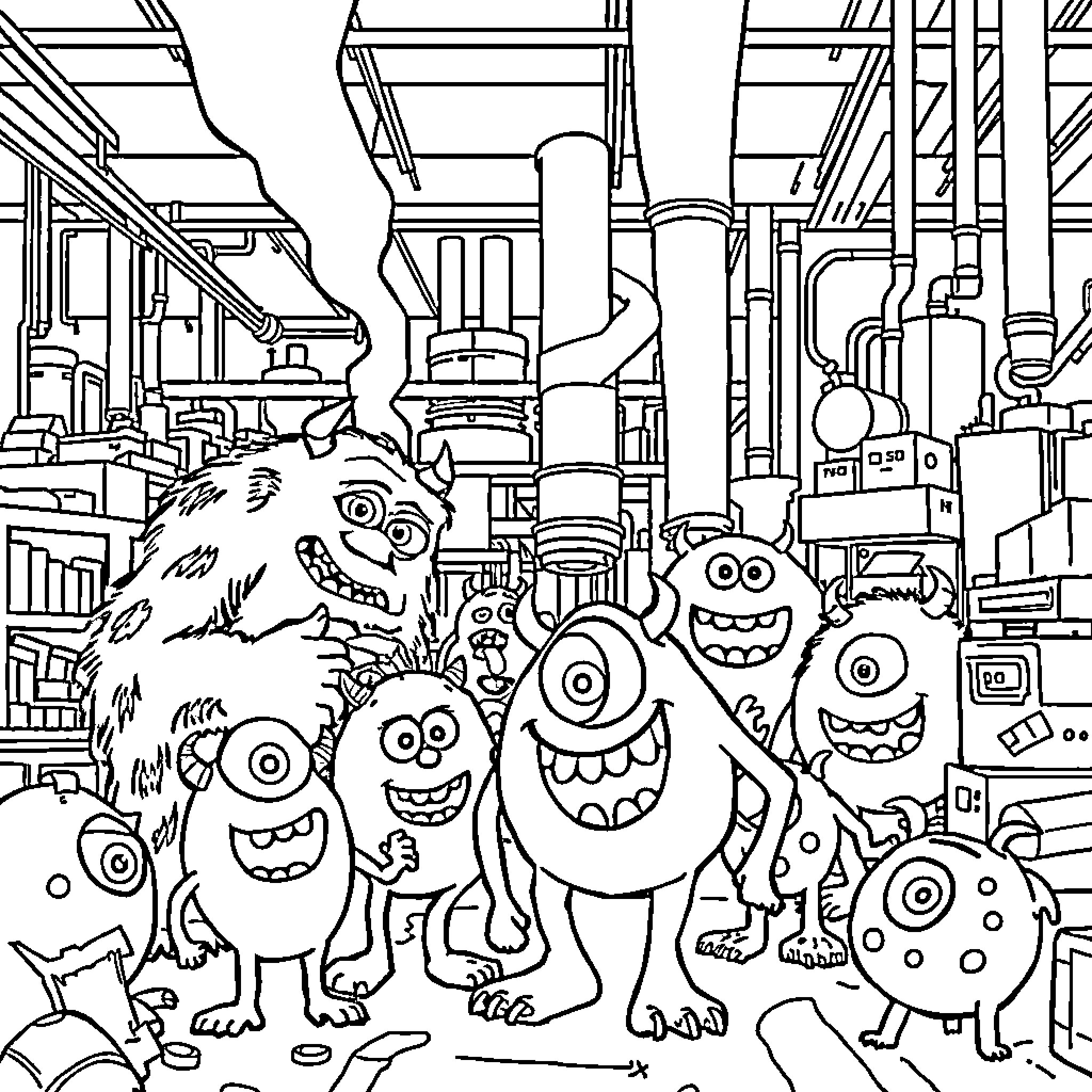 Monster Mayhem in the Mechanical Metropolis Coloring Page (free black-and-white line drawing printable PDF for all, from beginners to advanced learners, including children, teens, adults, and seniors)