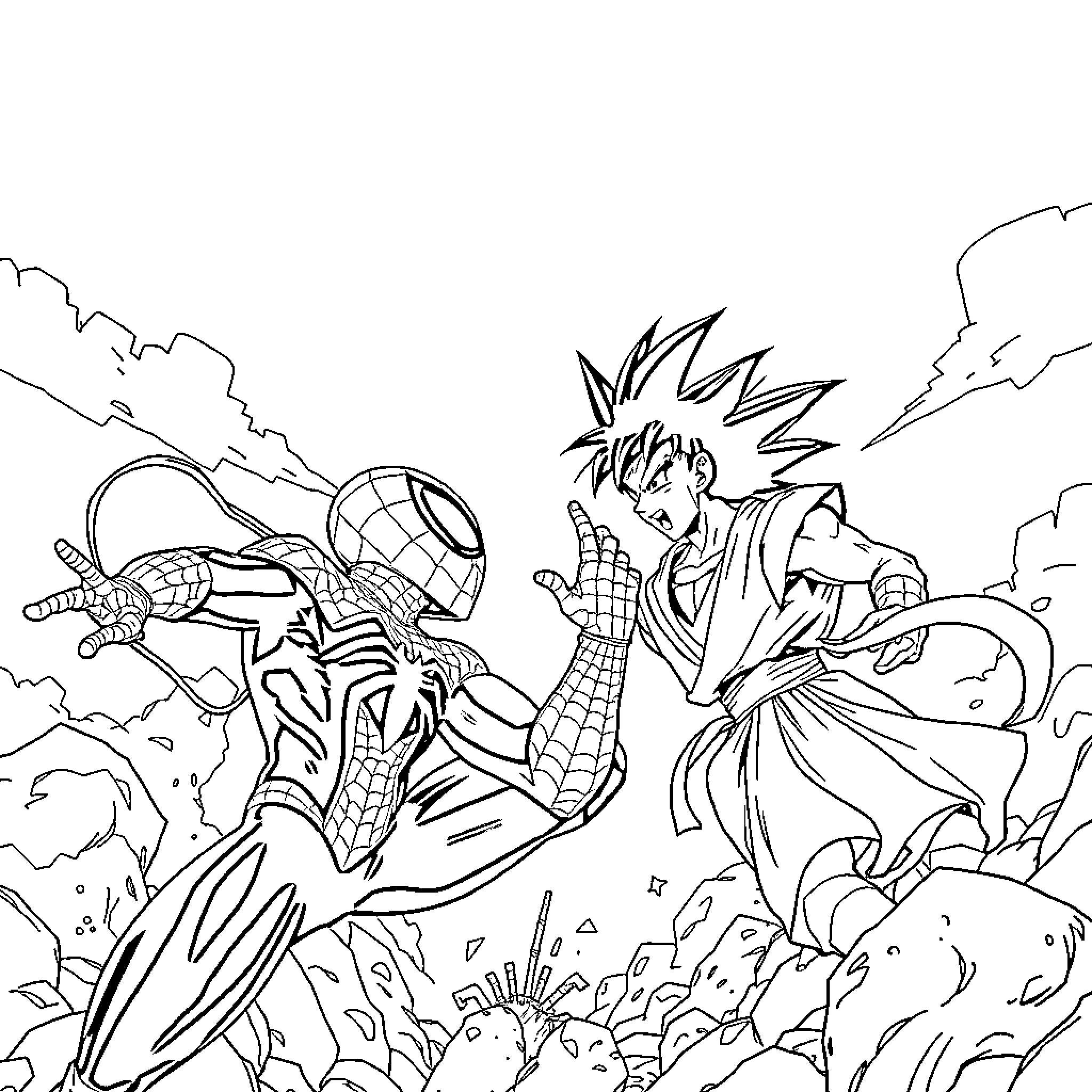 Spiderman battling a powerful foe in an intense confrontation Coloring Page (free black-and-white line drawing printable PDF for all, from beginners to advanced learners, including children, teens, adults, and seniors)
