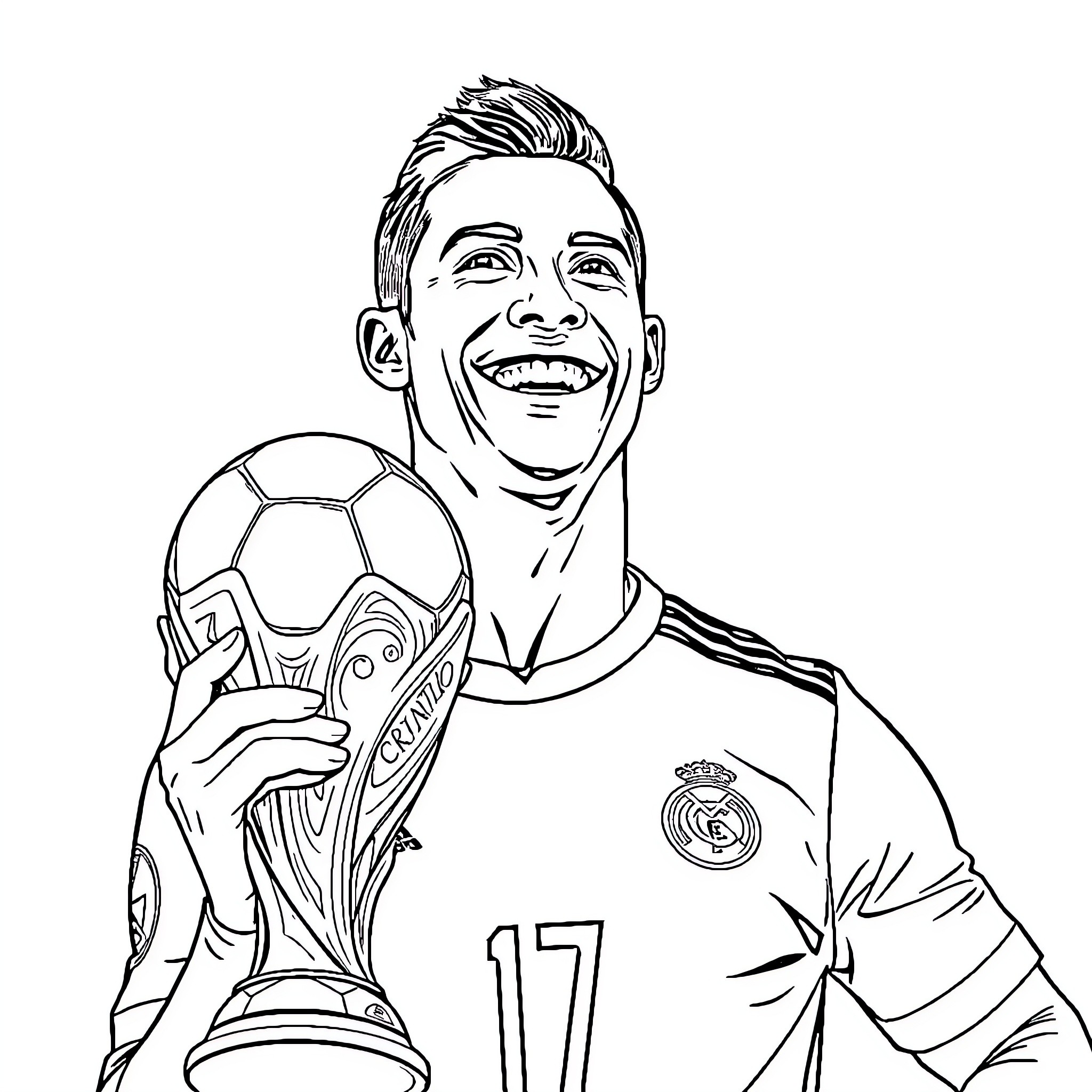 Cristiano Ronaldo holding football trophy with excitement Coloring Page (free black-and-white line drawing printable PDF for all, from beginners to advanced learners, including children, teens, adults, and seniors)