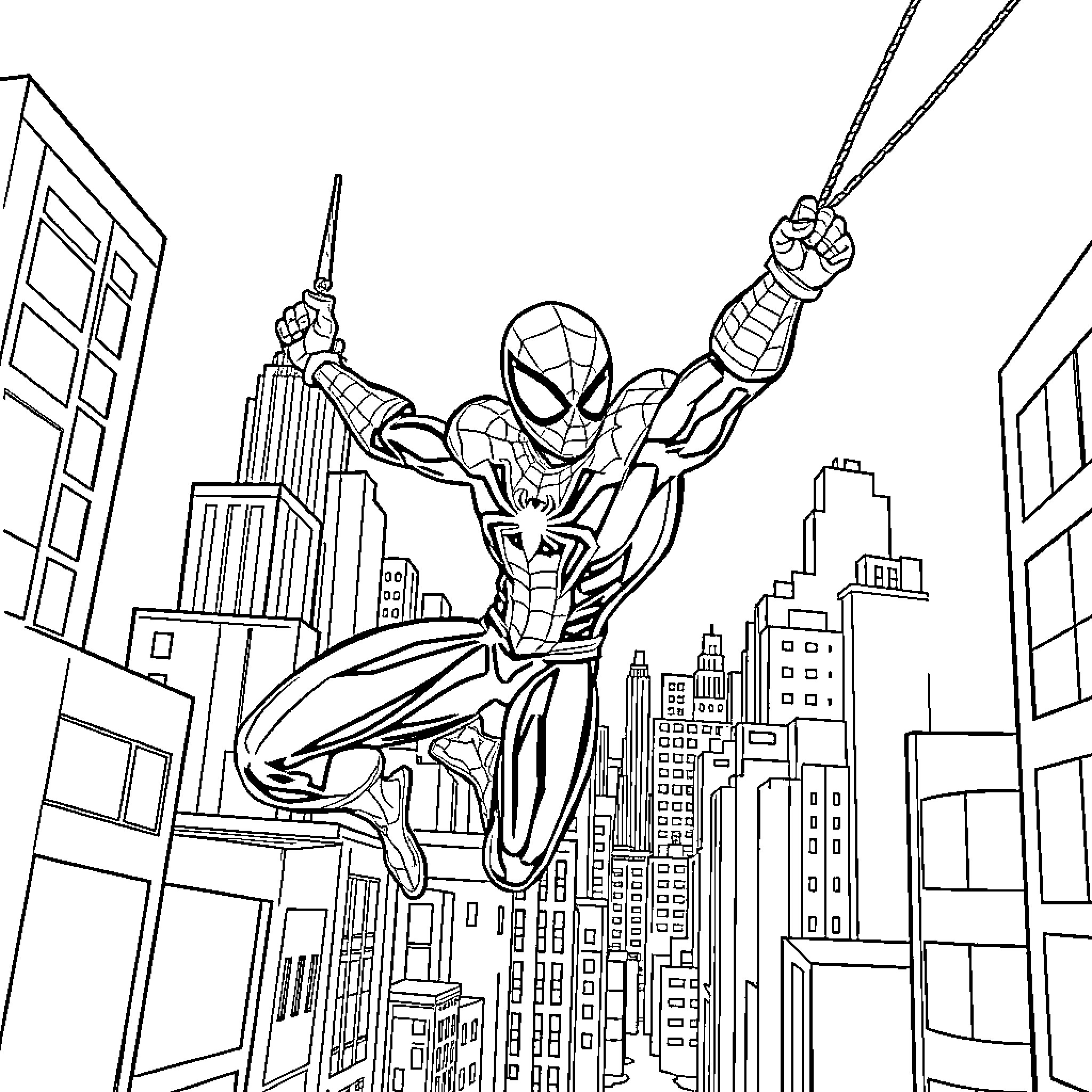 Spider-Hero web-swinging through the city skyline Coloring Page (free black-and-white line drawing printable PDF for all, from beginners to advanced learners, including children, teens, adults, and seniors)
