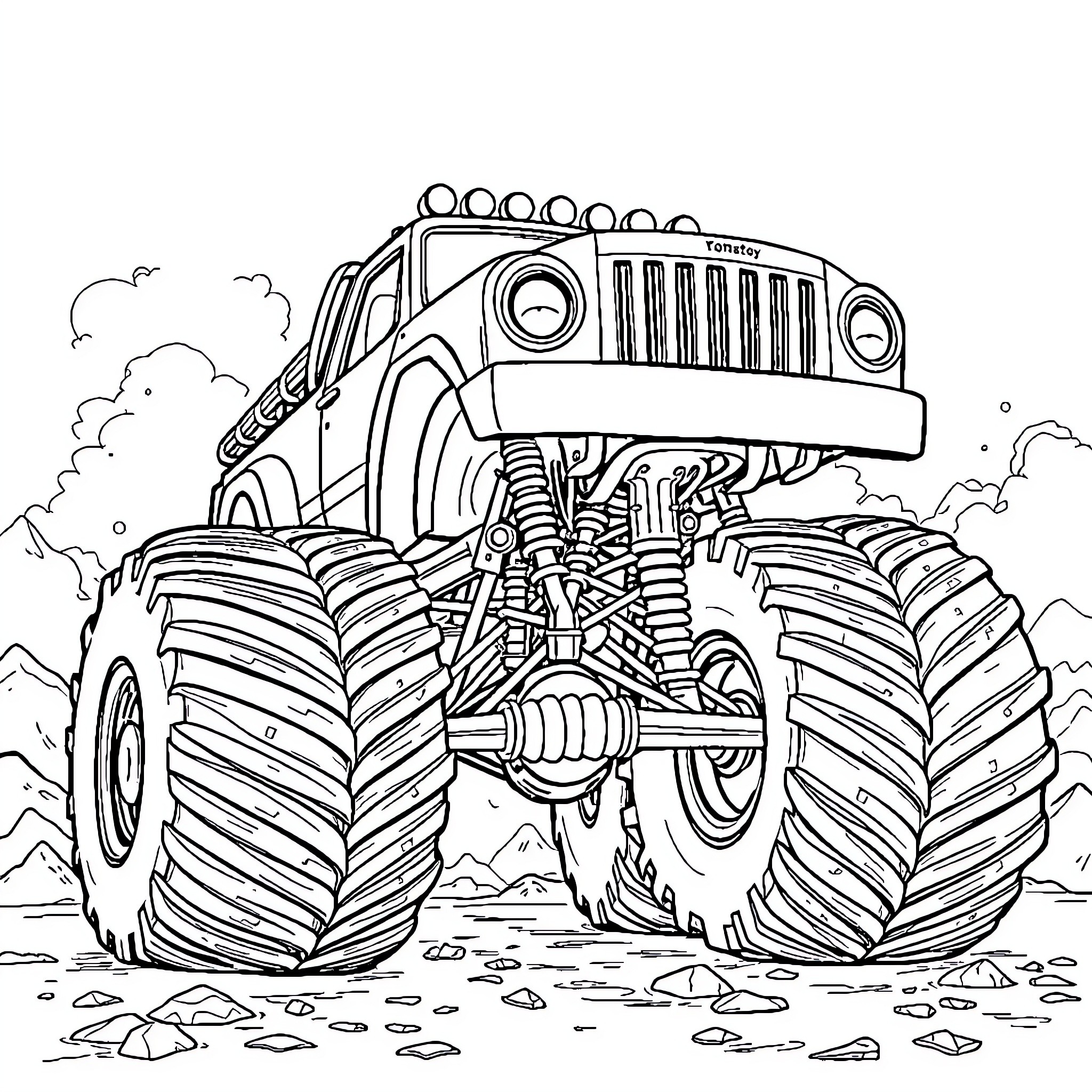 Monster Truck Crushing Rocks on the Rugged Terrain Coloring Page (free black-and-white line drawing printable PDF for all, from beginners to advanced learners, including children, teens, adults, and seniors)