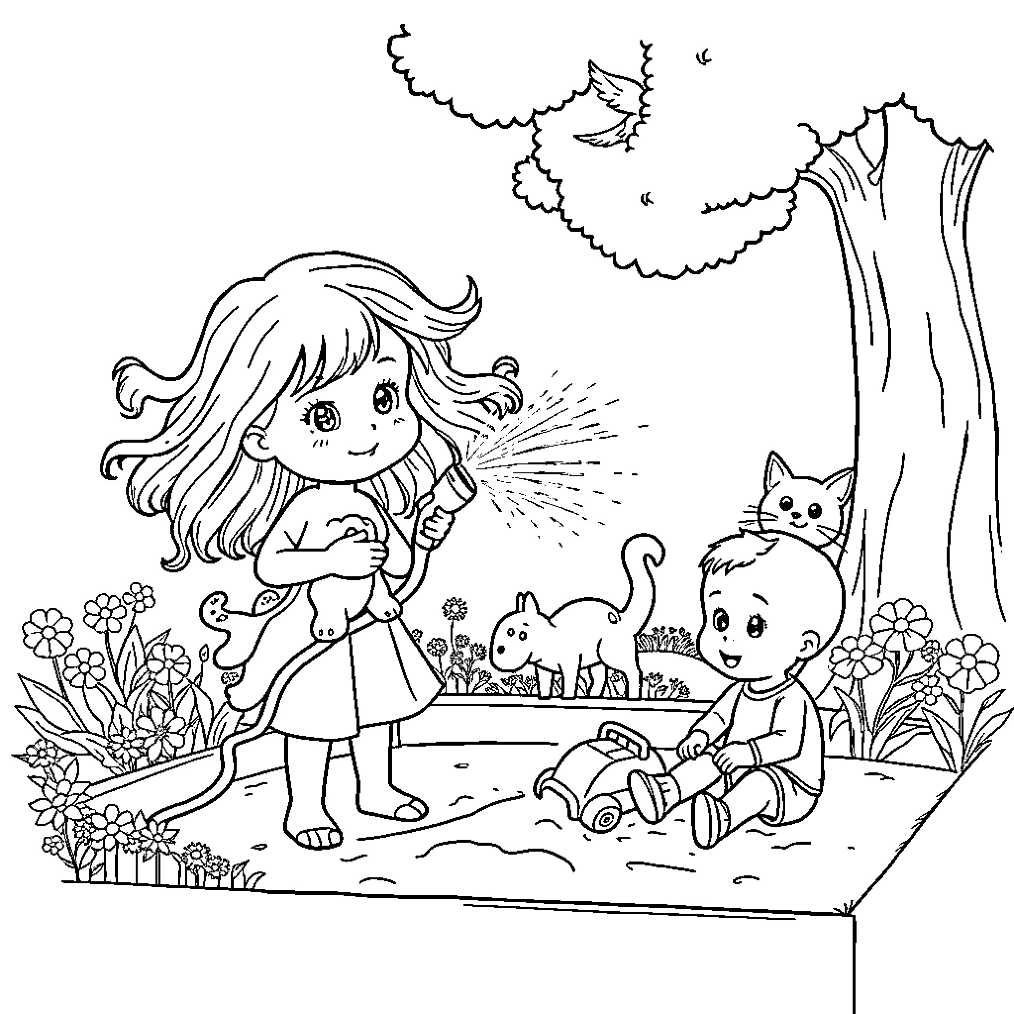 Child playing with toys in a garden Coloring Page (free black-and-white line drawing printable PDF for all, from beginners to advanced learners, including children, teens, adults, and seniors)