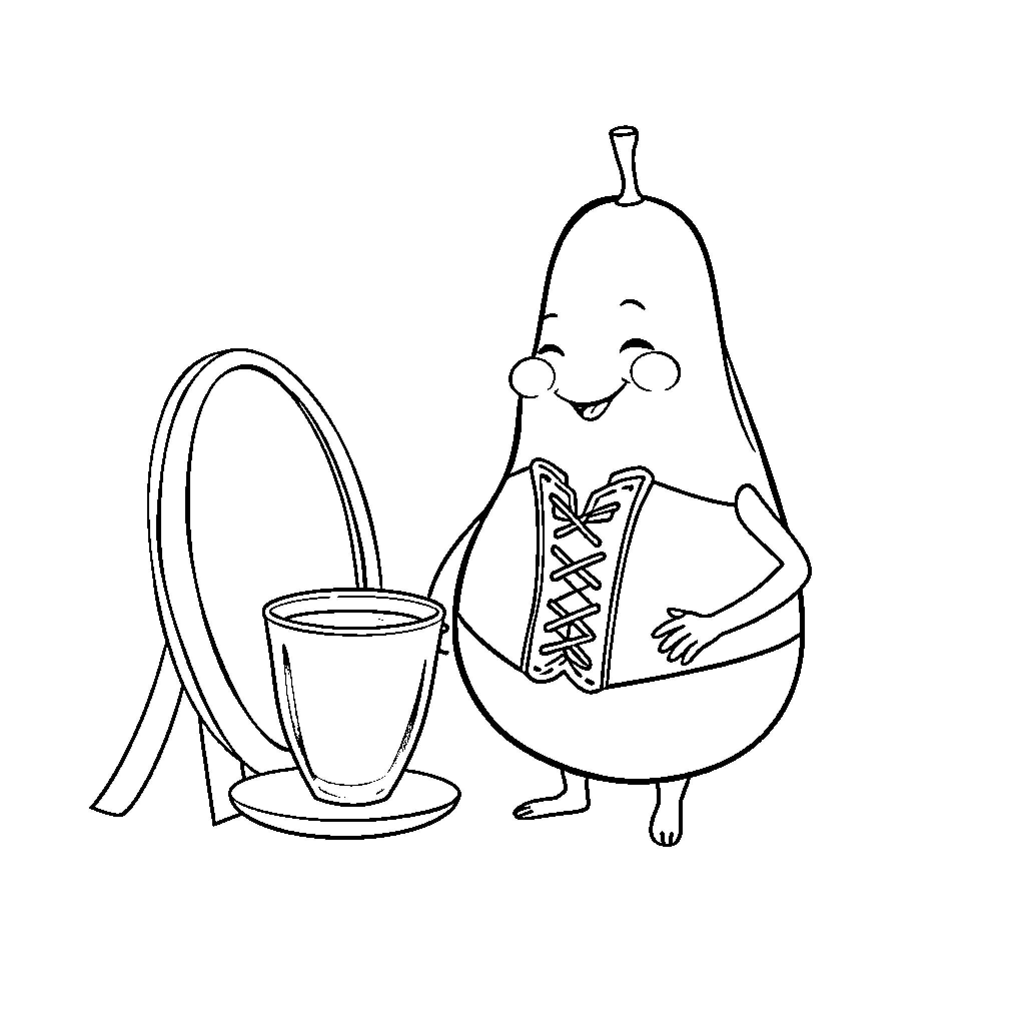 Avocado enjoying a mirror selfie Coloring Page (free black-and-white line drawing printable PDF for all, from beginners to advanced learners, including children, teens, adults, and seniors)