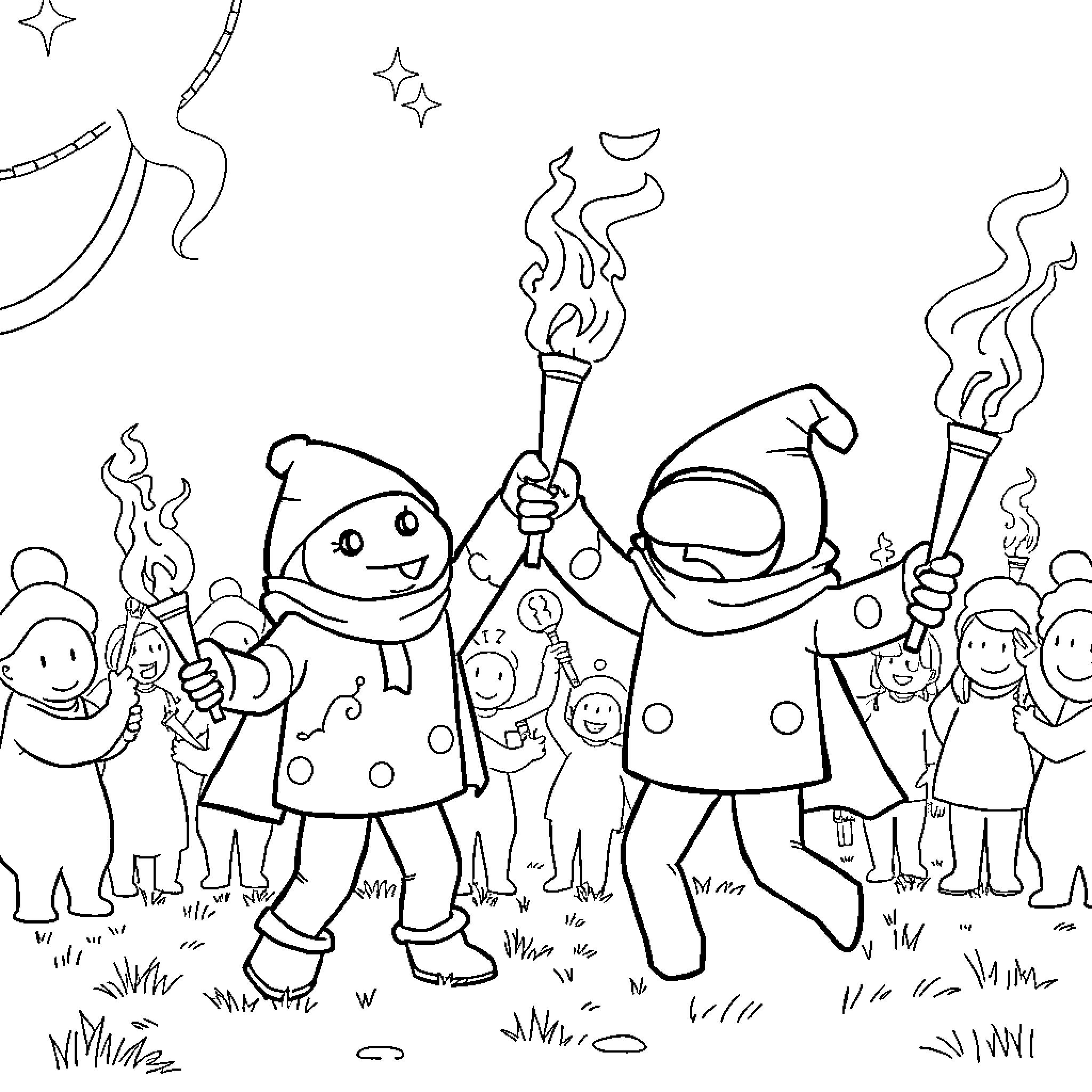 Among Us Festive Celebration with Snowmen and Torches Coloring Page (free black-and-white line drawing printable PDF for all, from beginners to advanced learners, including children, teens, adults, and seniors)