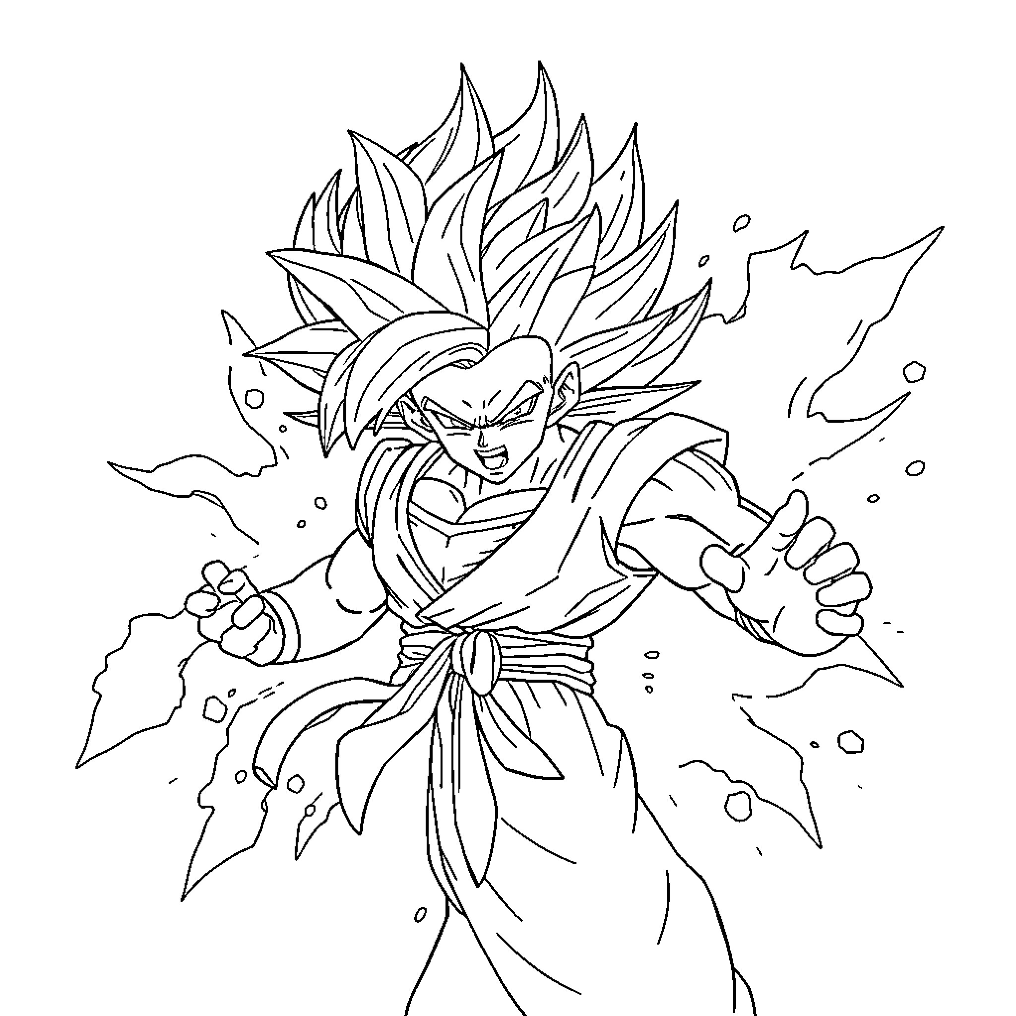 Gogeta's Fierce Transformation and Battle Stance Coloring Page (free black-and-white line drawing printable PDF for all, from beginners to advanced learners, including children, teens, adults, and seniors)