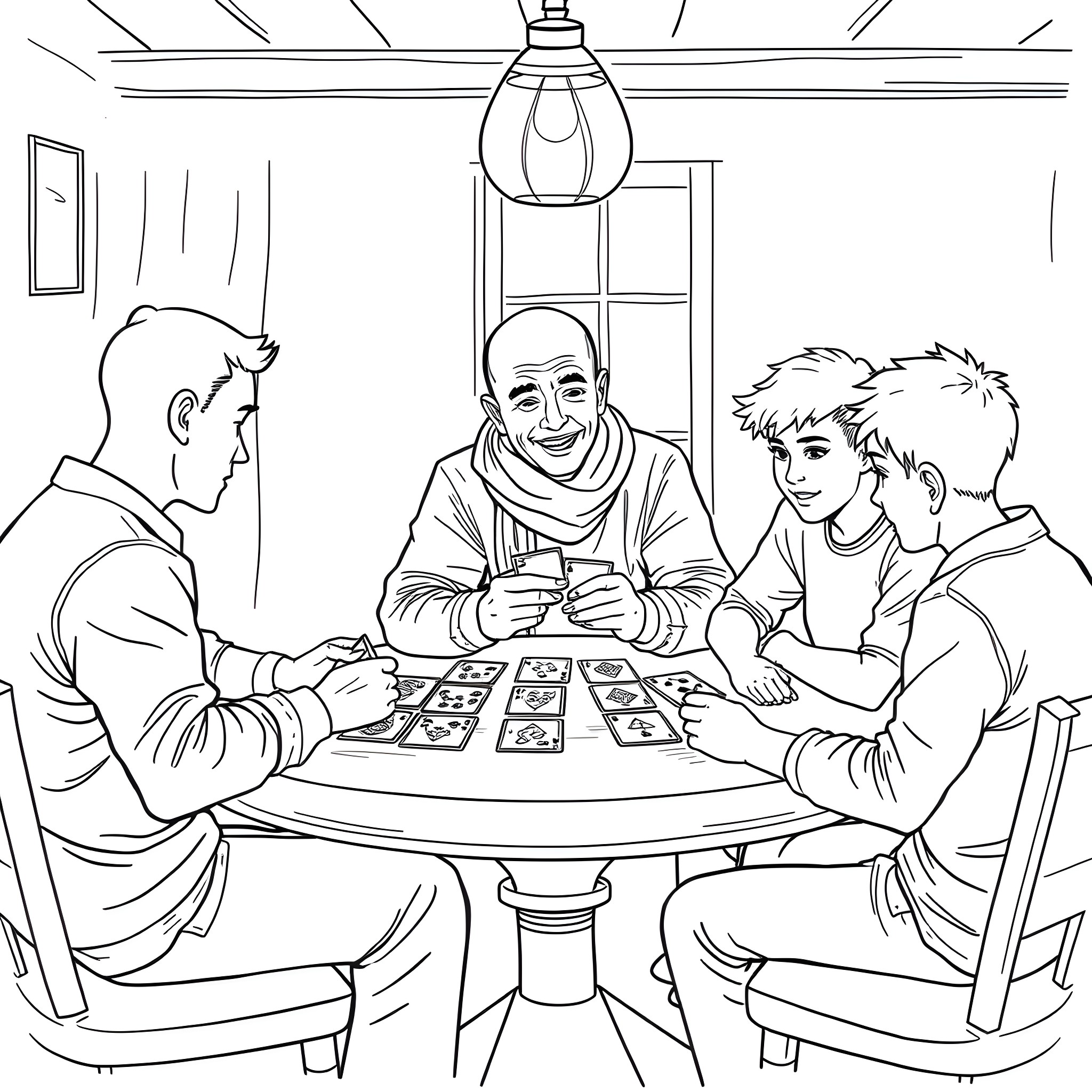 Person playing card game with family at home Coloring Page (free black-and-white line drawing printable PDF for all, from beginners to advanced learners, including children, teens, adults, and seniors)