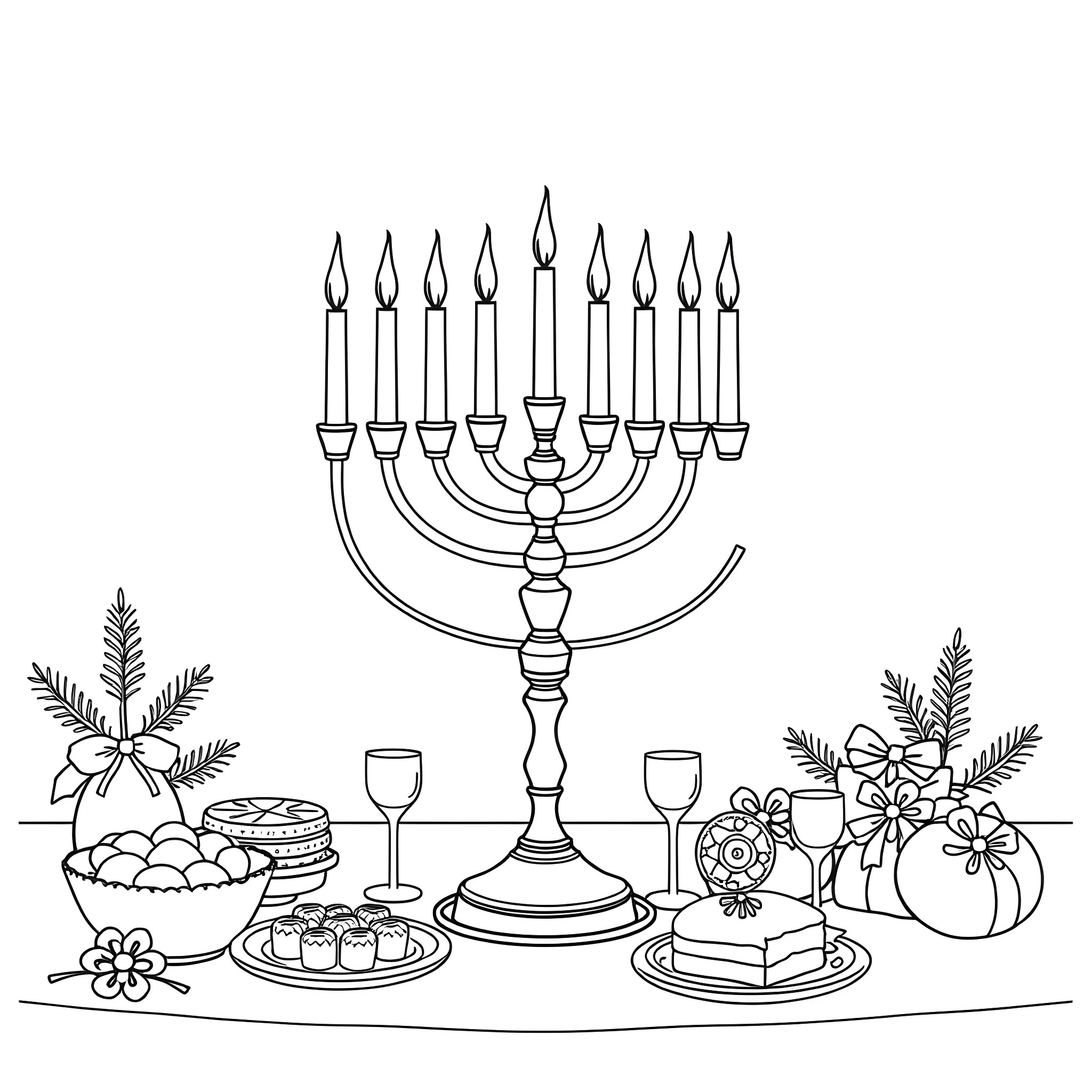 Menorah surrounded by Hanukkah celebrations Coloring Page (free black-and-white line drawing printable PDF for all, from beginners to advanced learners, including children, teens, adults, and seniors)