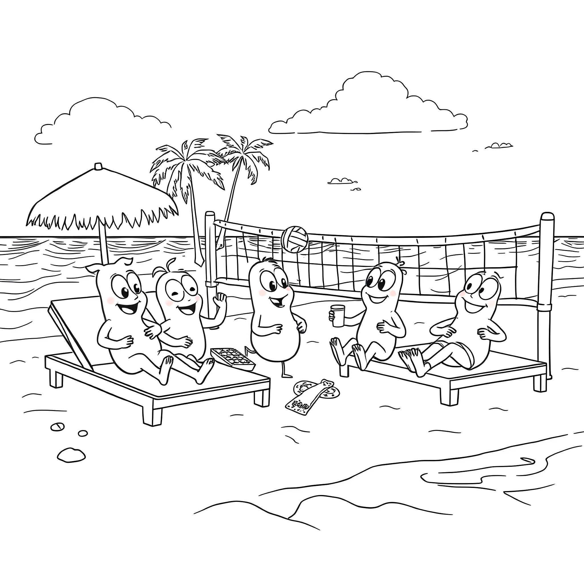 Pickle characters playing beach volleyball on tropical paradise Coloring Page (free black-and-white line drawing printable PDF for all, from beginners to advanced learners, including children, teens, adults, and seniors)