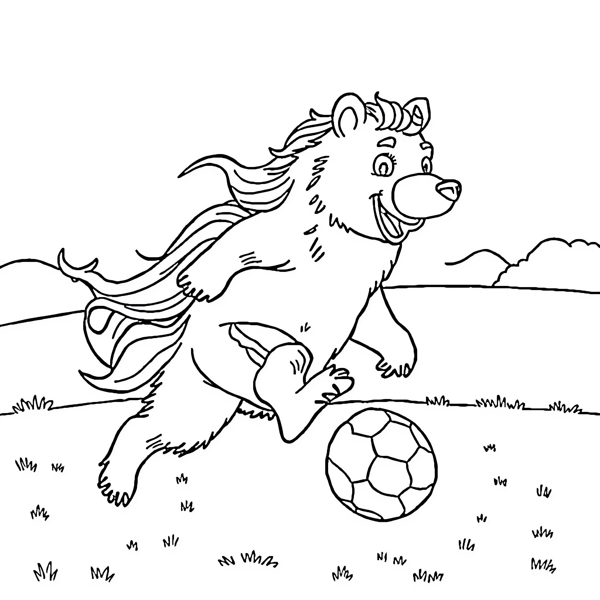 Unicorn-like creature playing with soccer ball in the field Coloring Page (free black-and-white line drawing printable PDF for all, from beginners to advanced learners, including children, teens, adults, and seniors)