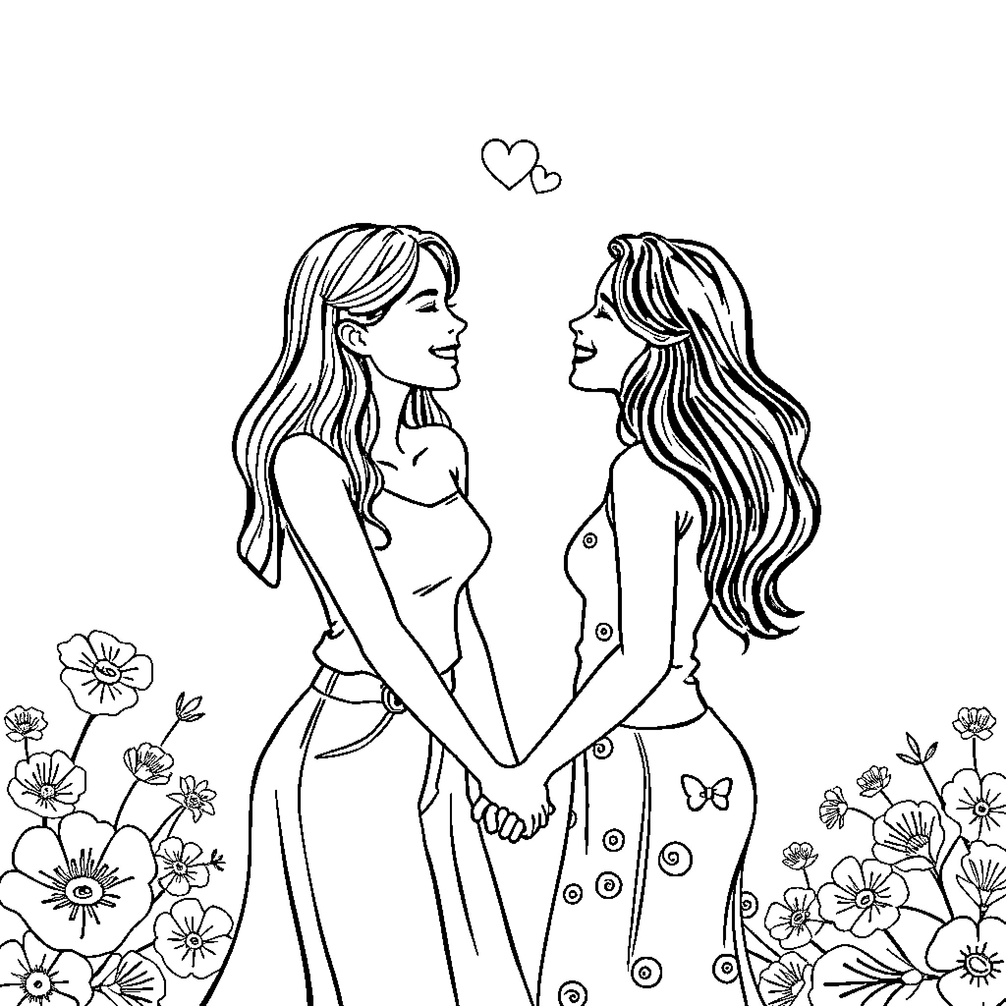 Lesbian couple embracing tenderly in a floral garden Coloring Page (free black-and-white line drawing printable PDF for all, from beginners to advanced learners, including children, teens, adults, and seniors)