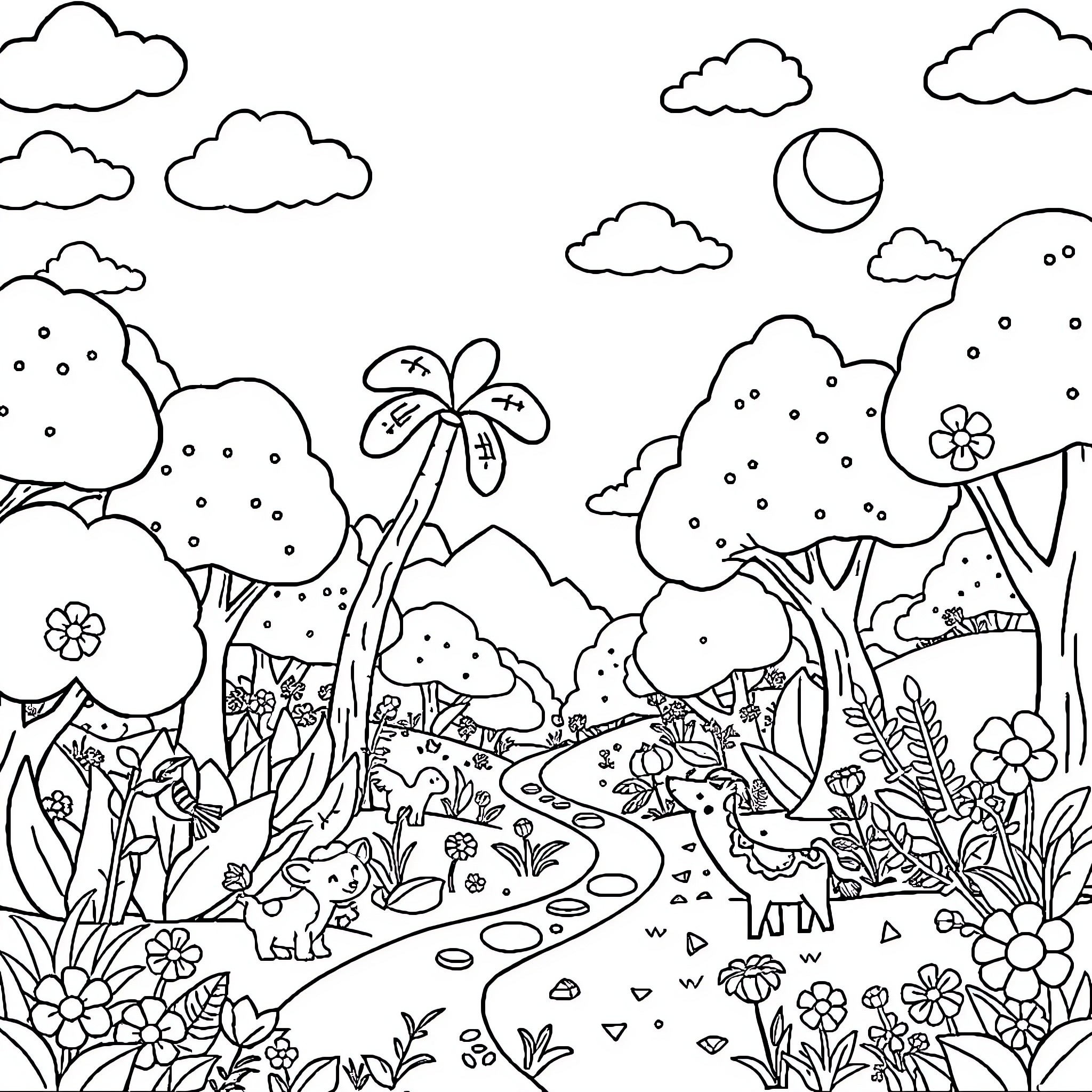 Kid exploring magical forest with butterflies and flowers Coloring Page (free black-and-white line drawing printable PDF for all, from beginners to advanced learners, including children, teens, adults, and seniors)