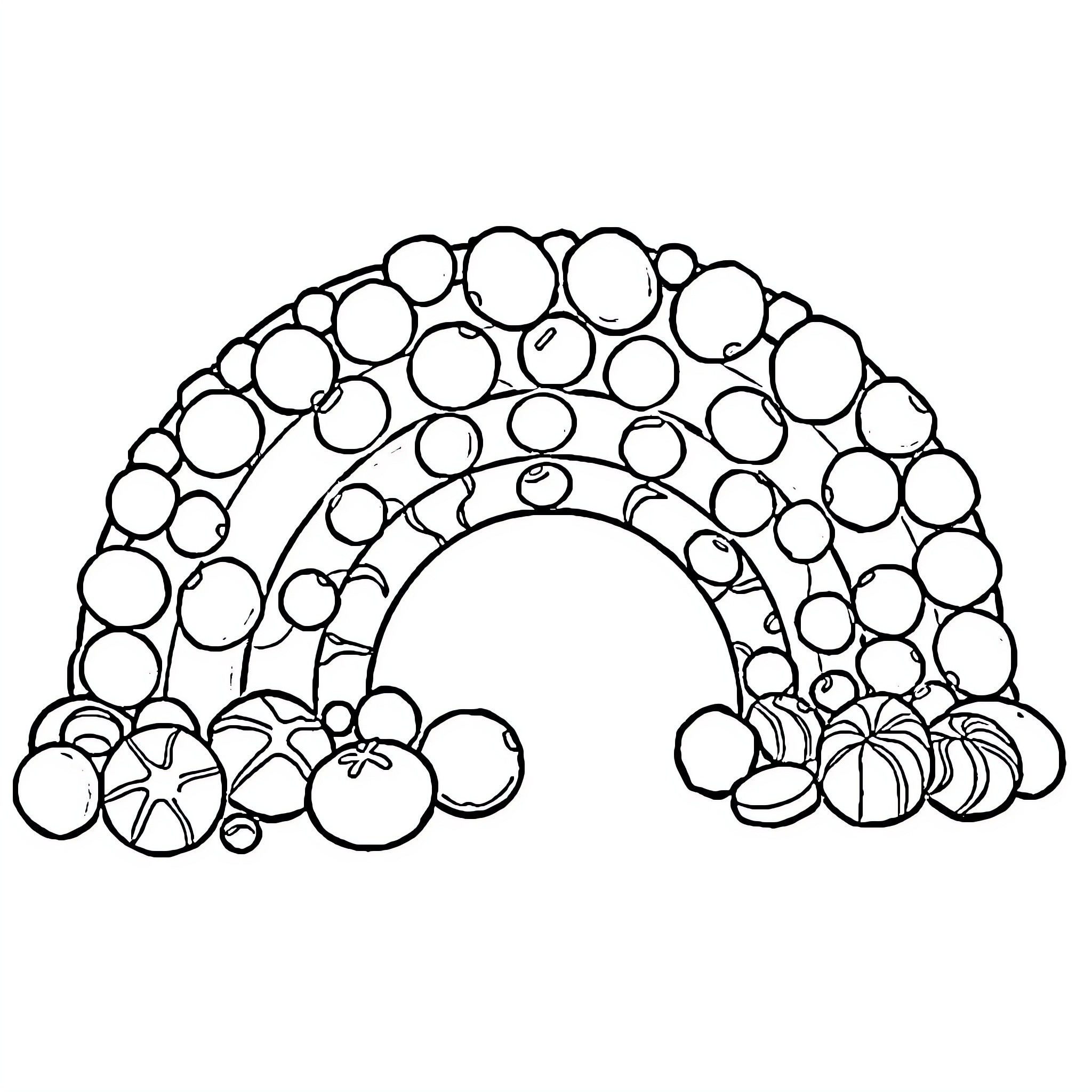 Rainbow of Whimsical Shapes and Patterns Coloring Page (free black-and-white line drawing printable PDF for all, from beginners to advanced learners, including children, teens, adults, and seniors)