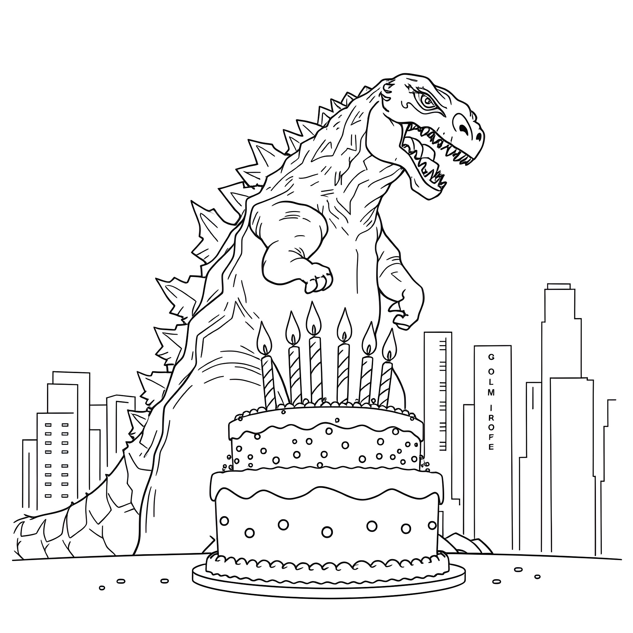 Godzilla celebrating birthday with cake in the city Coloring Page (free black-and-white line drawing printable PDF for all, from beginners to advanced learners, including children, teens, adults, and seniors)