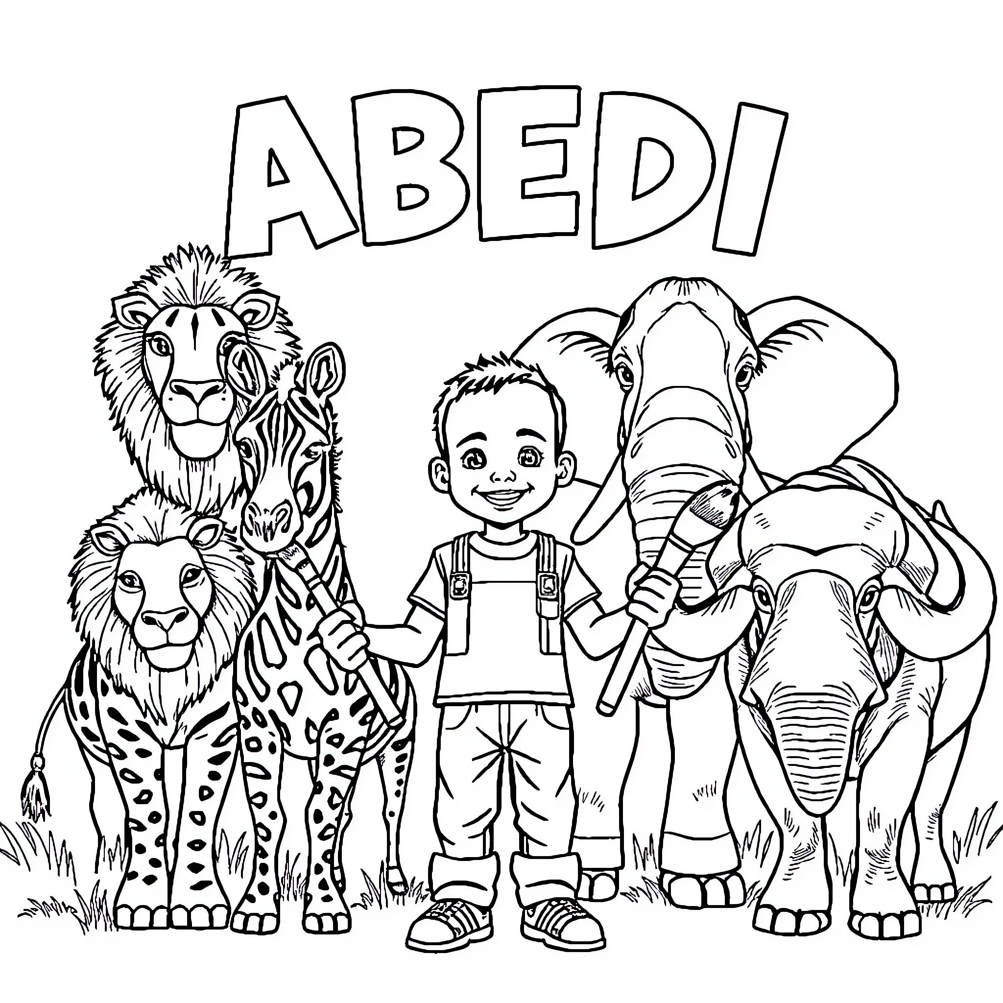 Animal safari adventure with child explorer Coloring Page (free black-and-white line drawing printable PDF for all, from beginners to advanced learners, including children, teens, adults, and seniors)