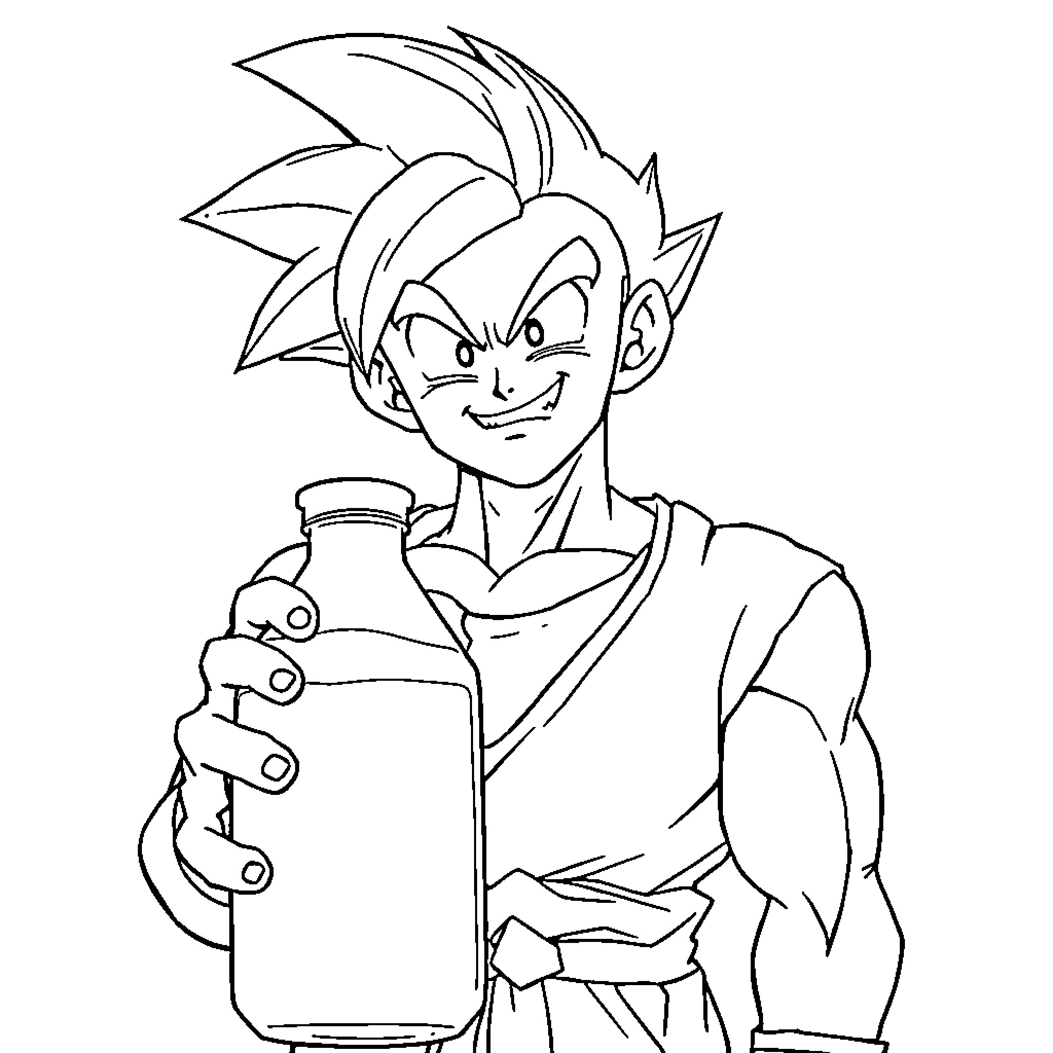Sangoku holding mysterious potion Coloring Page (free black-and-white line drawing printable PDF for all, from beginners to advanced learners, including children, teens, adults, and seniors)