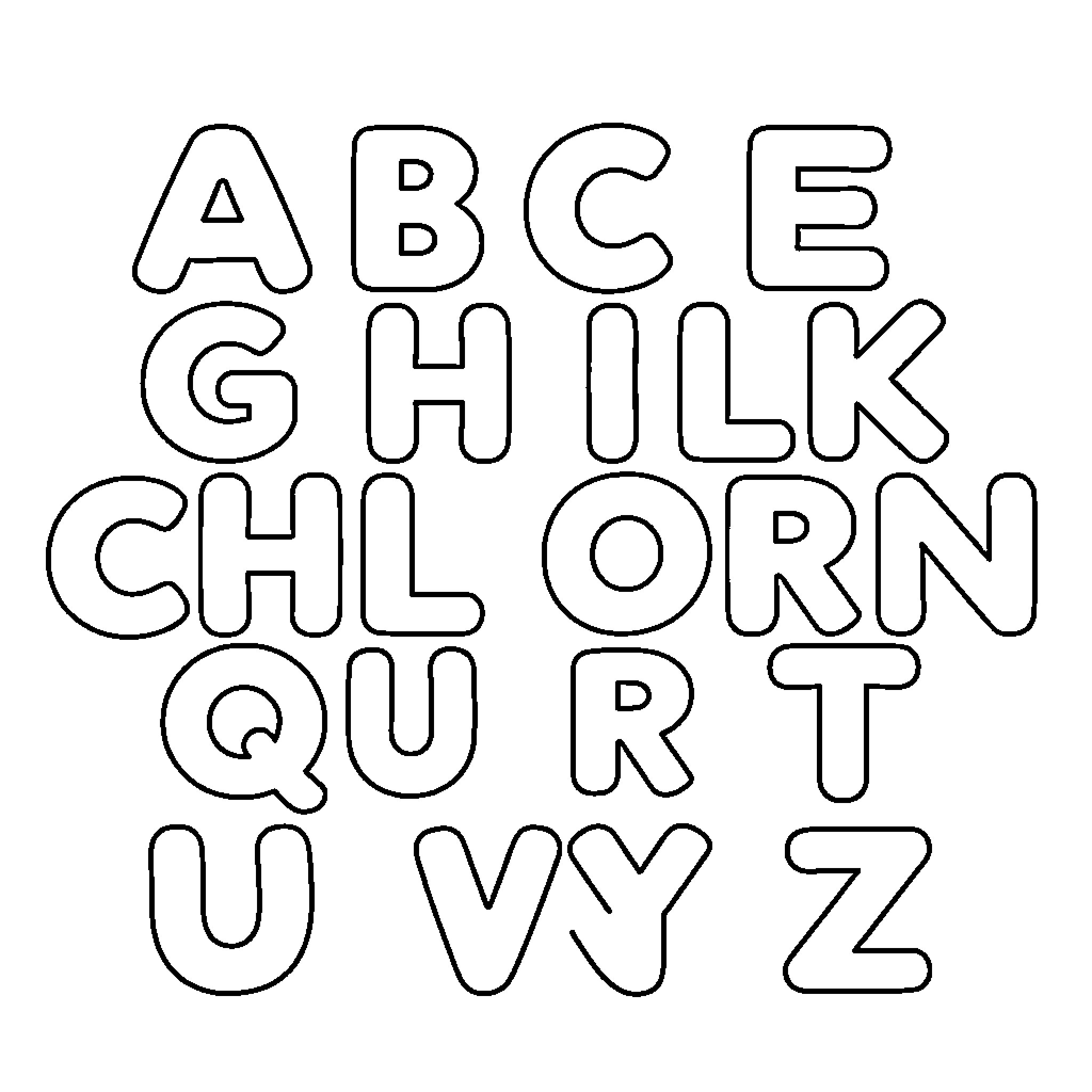 Alphabet of Whimsical and Fanciful Letters Coloring Page (free black-and-white line drawing printable PDF for all, from beginners to advanced learners, including children, teens, adults, and seniors)