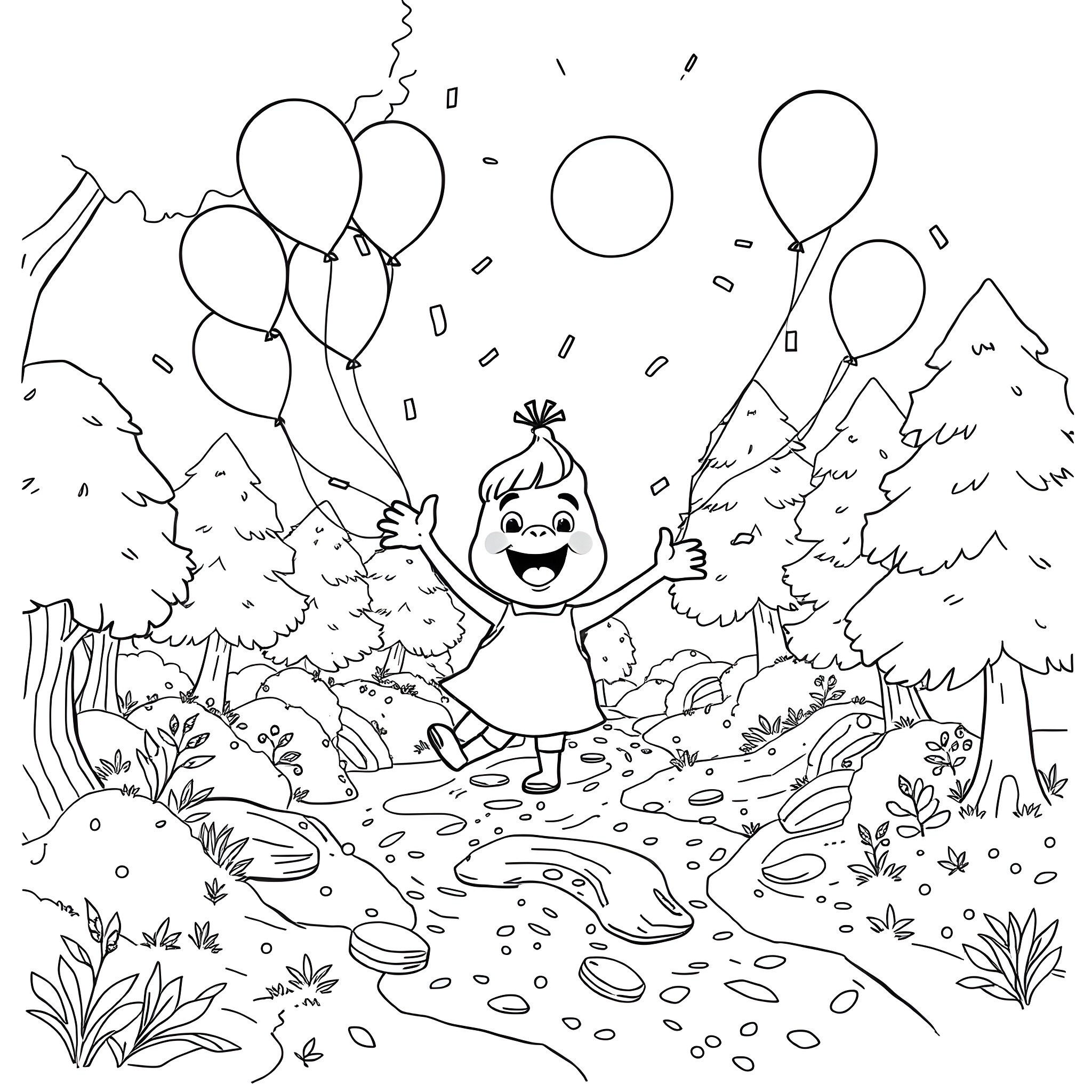 Sprunki celebrating in the forest with balloons Coloring Page (free black-and-white line drawing printable PDF for all, from beginners to advanced learners, including children, teens, adults, and seniors)