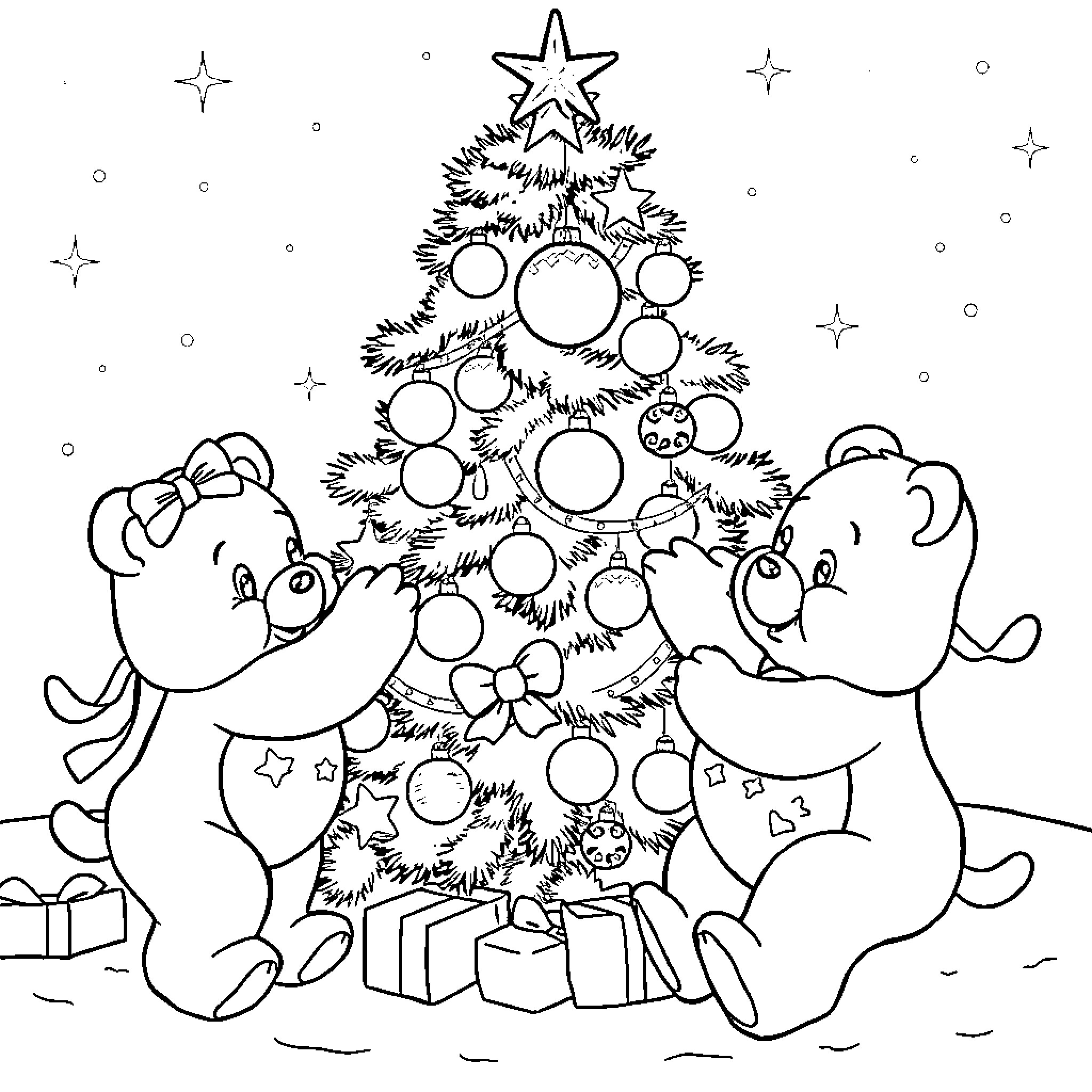 Carebears decorating Christmas tree together Coloring Page (free black-and-white line drawing printable PDF for all, from beginners to advanced learners, including children, teens, adults, and seniors)
